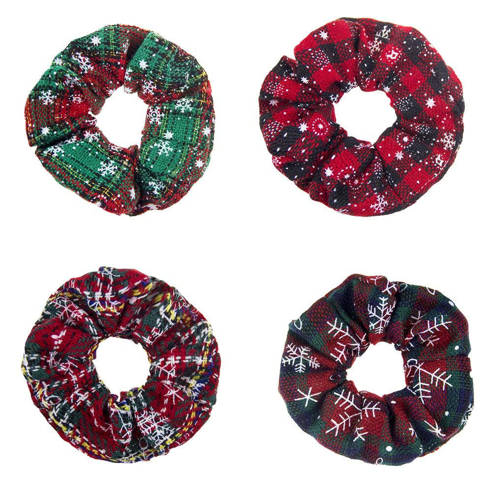 4 Packs Christmas Scrunchies Hair Bands Soft Elastic Hair Ties Plaid Hair Scrunchy Ties Snowflake Print Design Hair Scrunchy Chr