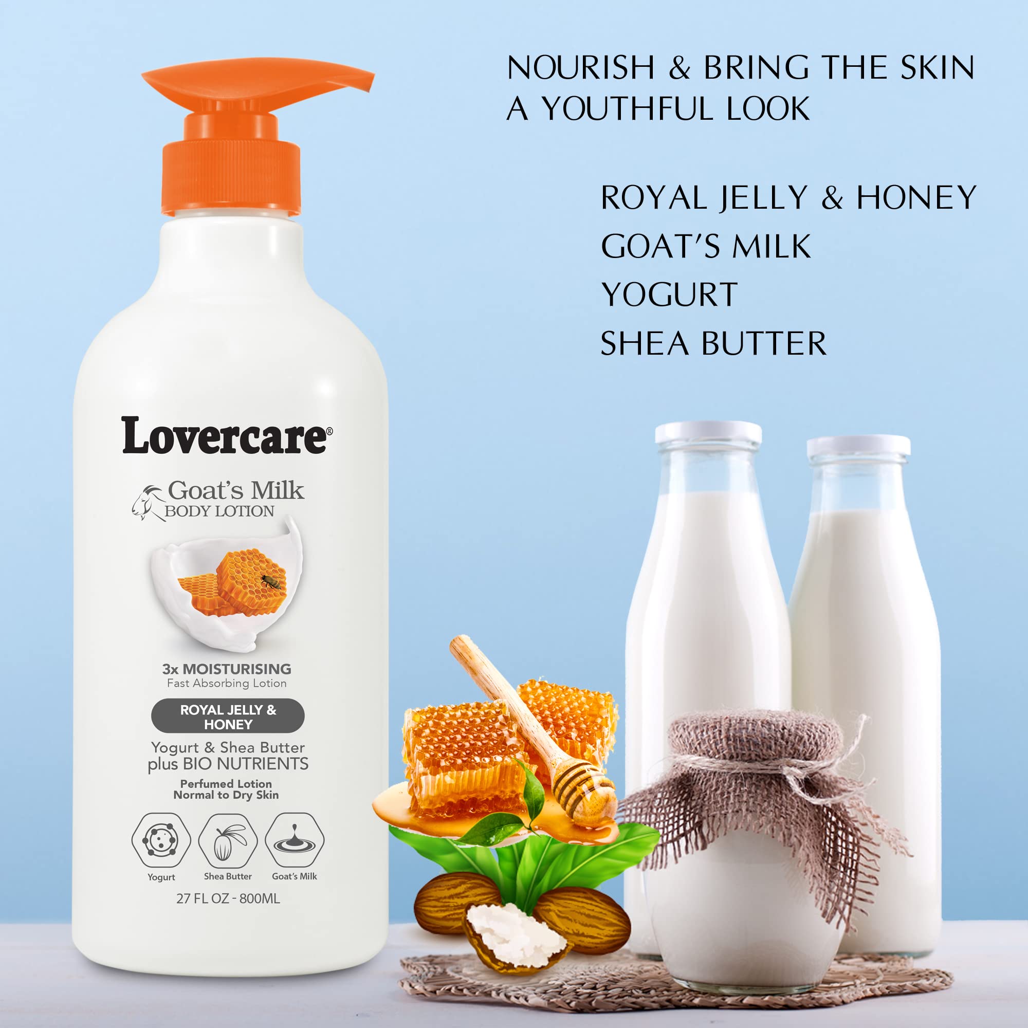 Lovercare Goat Milk Body Lotion For Dry Skin Royal Jelly & Honey 27.05Oz (800Ml) - Pack Of 2
