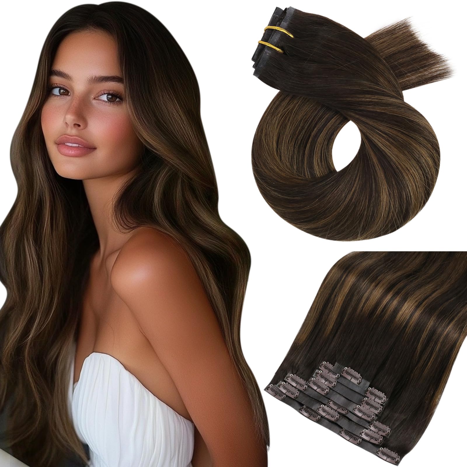 Moresoo Seamless Clip In Hair Extensions Remy Human Hair Dark Brown Highlighted With Light Brown Clip In Human Hair Extensions I