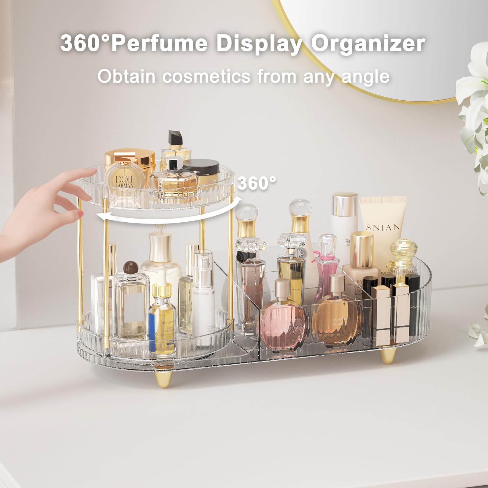 Lulltou Rotating Makeup Organizer Countertop For Vanity, 2-In-1 Cosmetic Organizer And Storage Holder, Large Desk Makeup And Ski