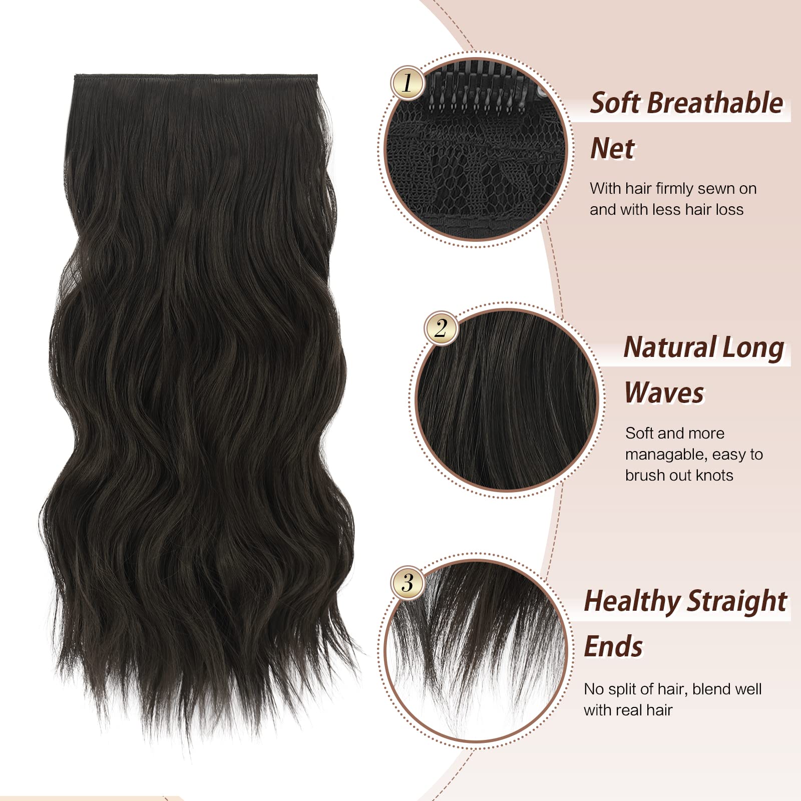 FESHFEN Clip in Hair Extensions - 4 PCS Long Wavy Thick Clip in Hairpieces Full Head Soft Synthetic Hair Extension for Women, Na
