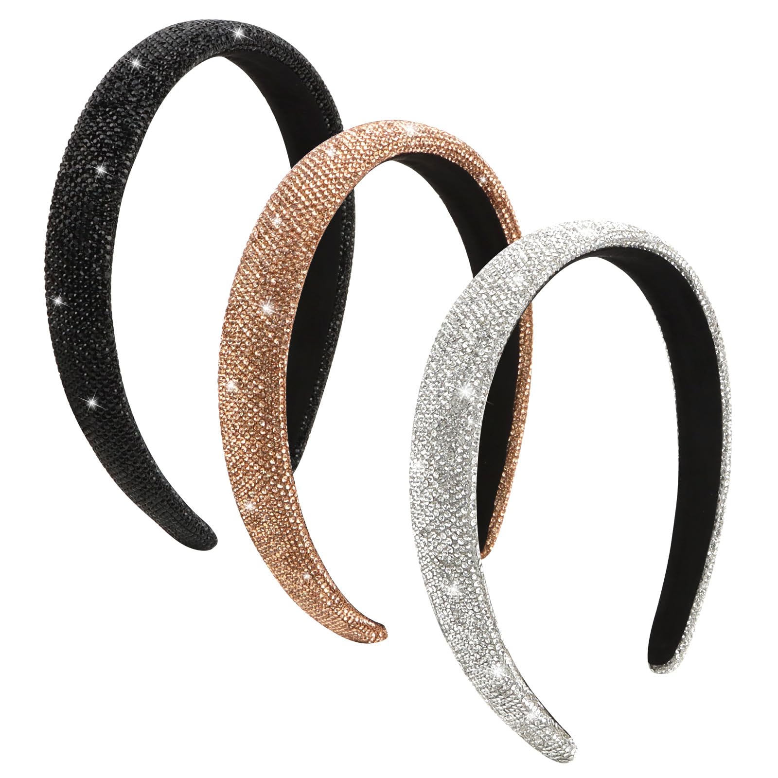 Wecoe 3pcs Rhinestone Headbands Women Girls Sparkly Bling Diamond Silver Black Coffee Headband Fashion Comfortable Head Band Non