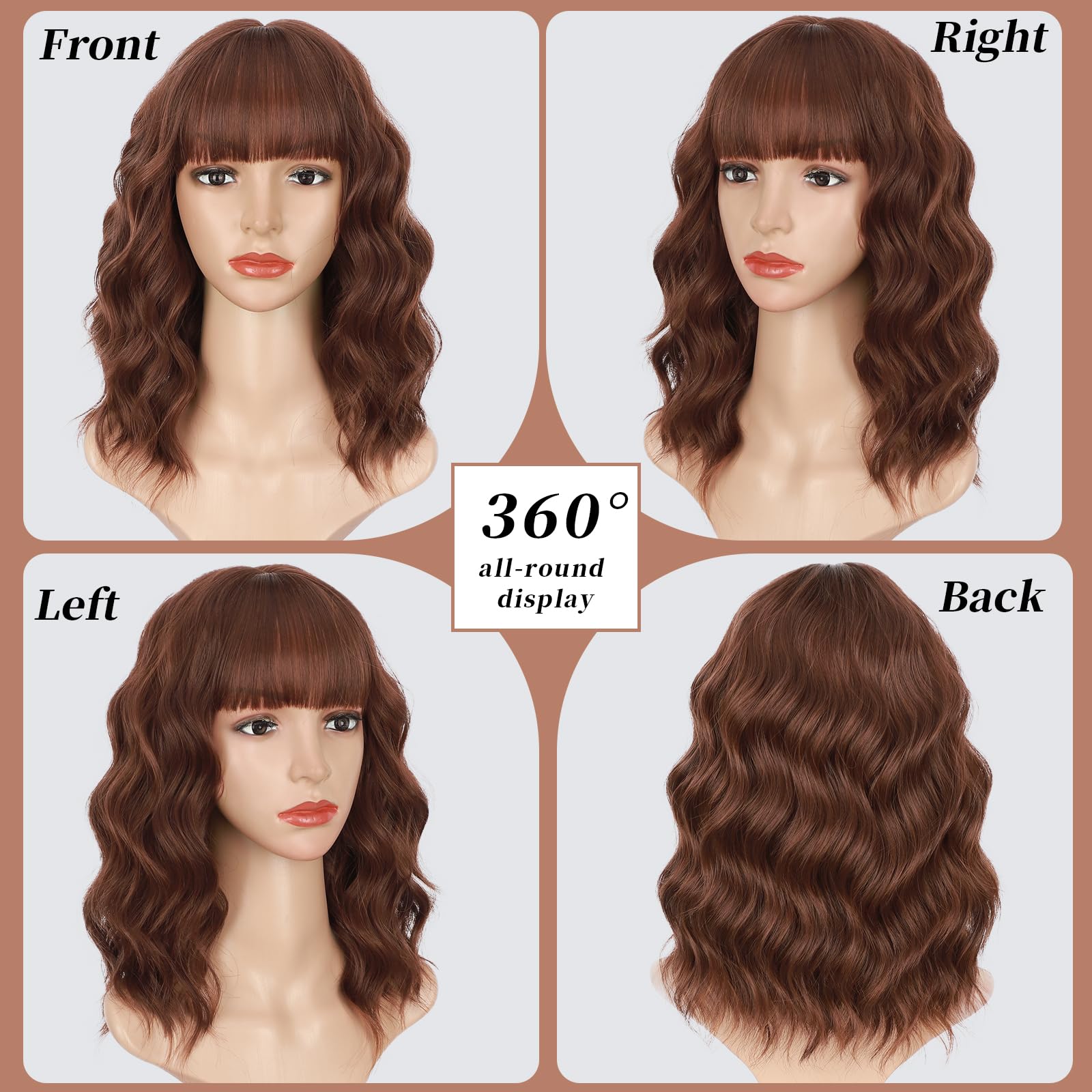Lativ Brown Wig With Bangs Short Wavy Wigs For Women Shoulder Length Curly Bob Wigs Heat Resistant Synthetic Wigs For Halloween