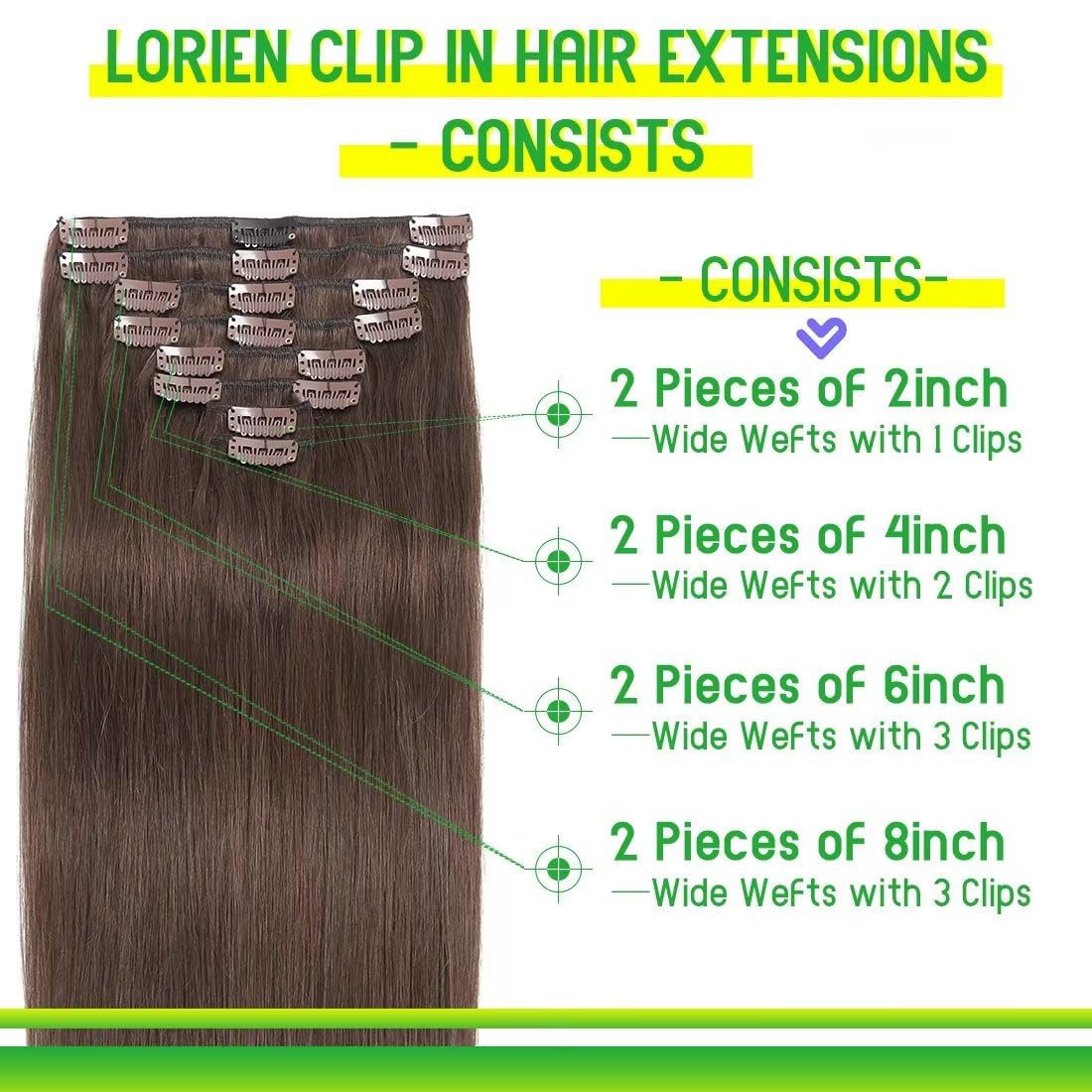 Lorien Clip In Hair Extensions Real Human Hair, 20 Inch 105G, 4 Dark Brown, Clip In 100% Brazilian Remy Human Hair Extensions 8P