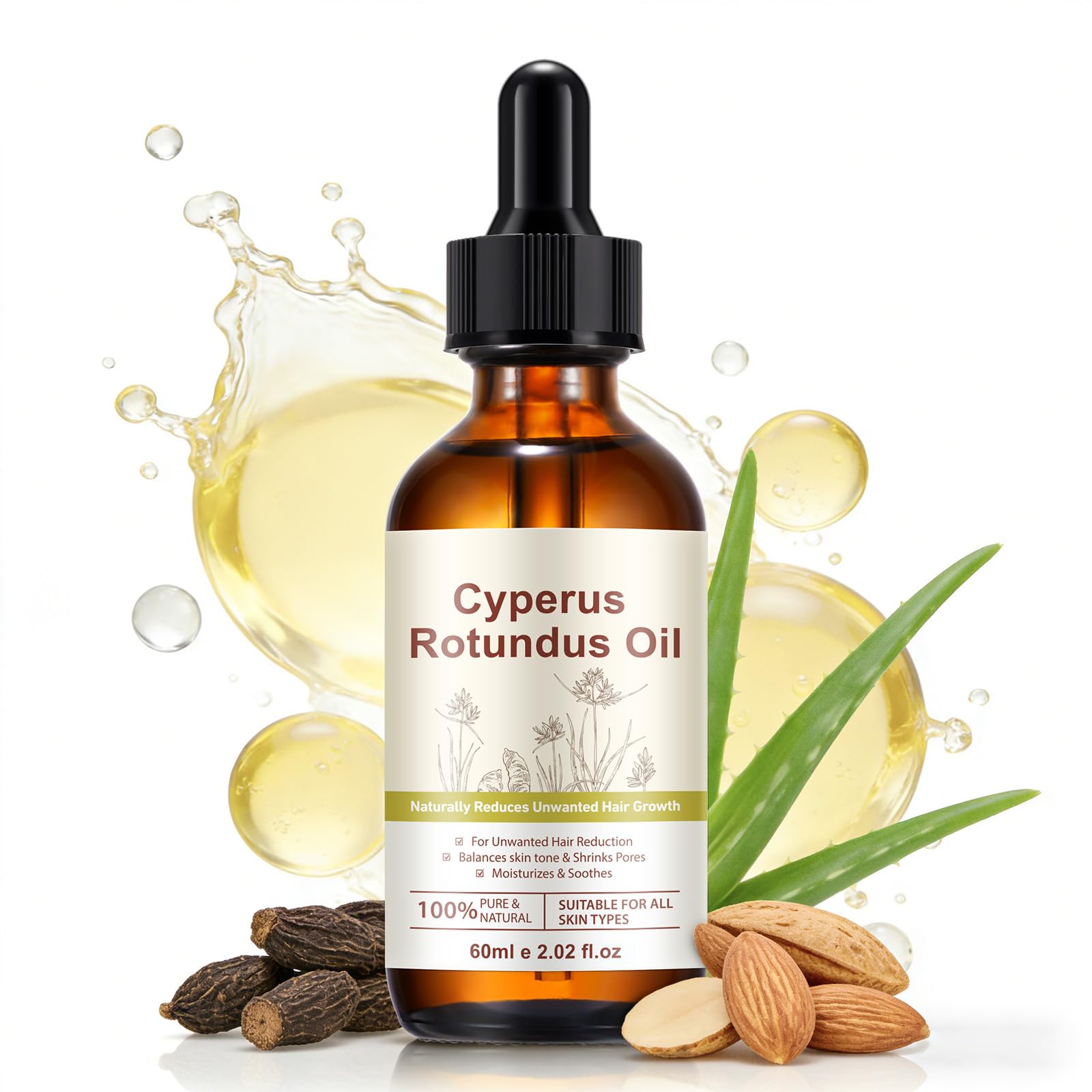 Cyperus Rotundus Oil Women & Men, Natural for Reducing Body Hair Growth, Painless Gentle With Sweet Almond Oil, Aloe, for face &