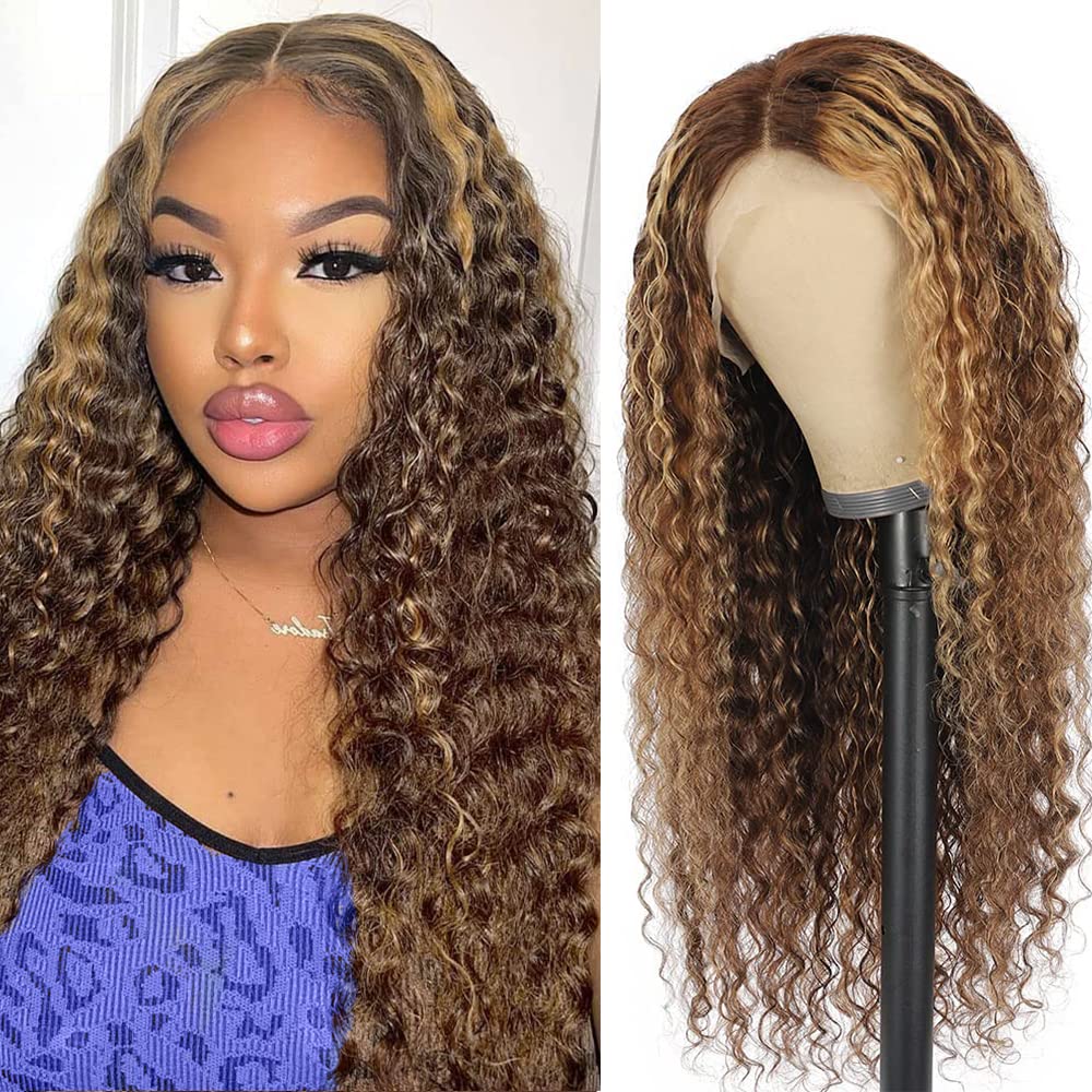 Honey Blonde Curly Lace Front Wig Human Hair 13x4 Highlight Ombre Deep Wave Lace Front Wigs Human Hair 180% Density Human Hair L