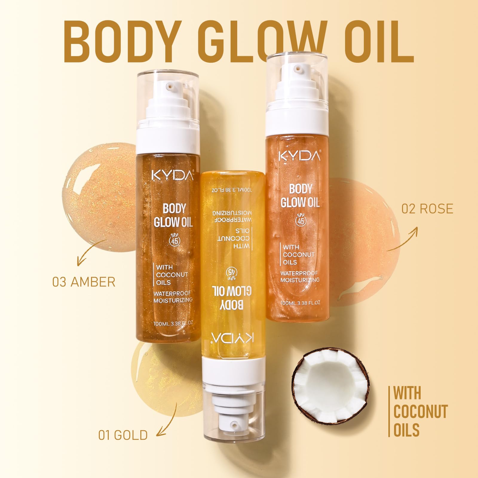 Sunscreen Body Glow Oil, Broad Spectrum SPF 45, Lightweight Water Resistant Shimmering Body Oil with Gold Mica, Non-Sticky Glow