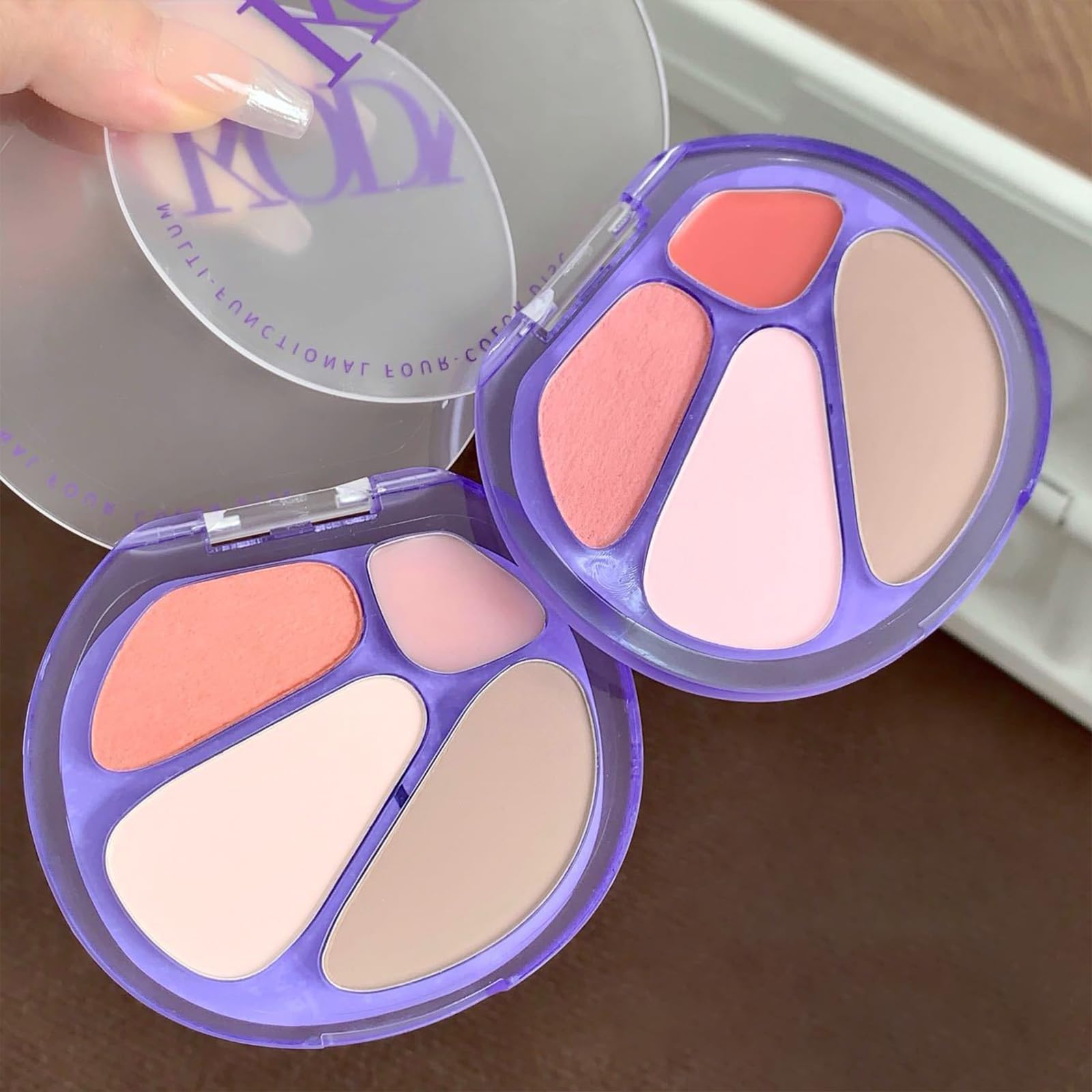 4Color Highlighter & Blush Palette, Shimmer Eyeshadow Makeup Kit, 2in1 Face Illuminator Powder, LongLasting Diamond Glow Tex