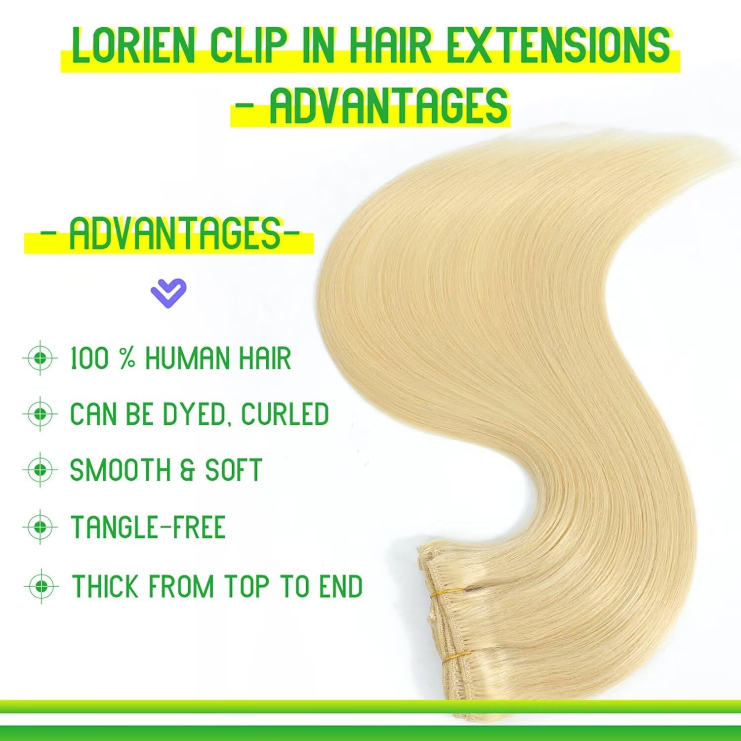 Lorien Clip In Hair Extensions Real Human Hair, 20 Inch 105G, 613 Bleach Blonde, Clip In 100% Brazilian Remy Human Hair Extensio