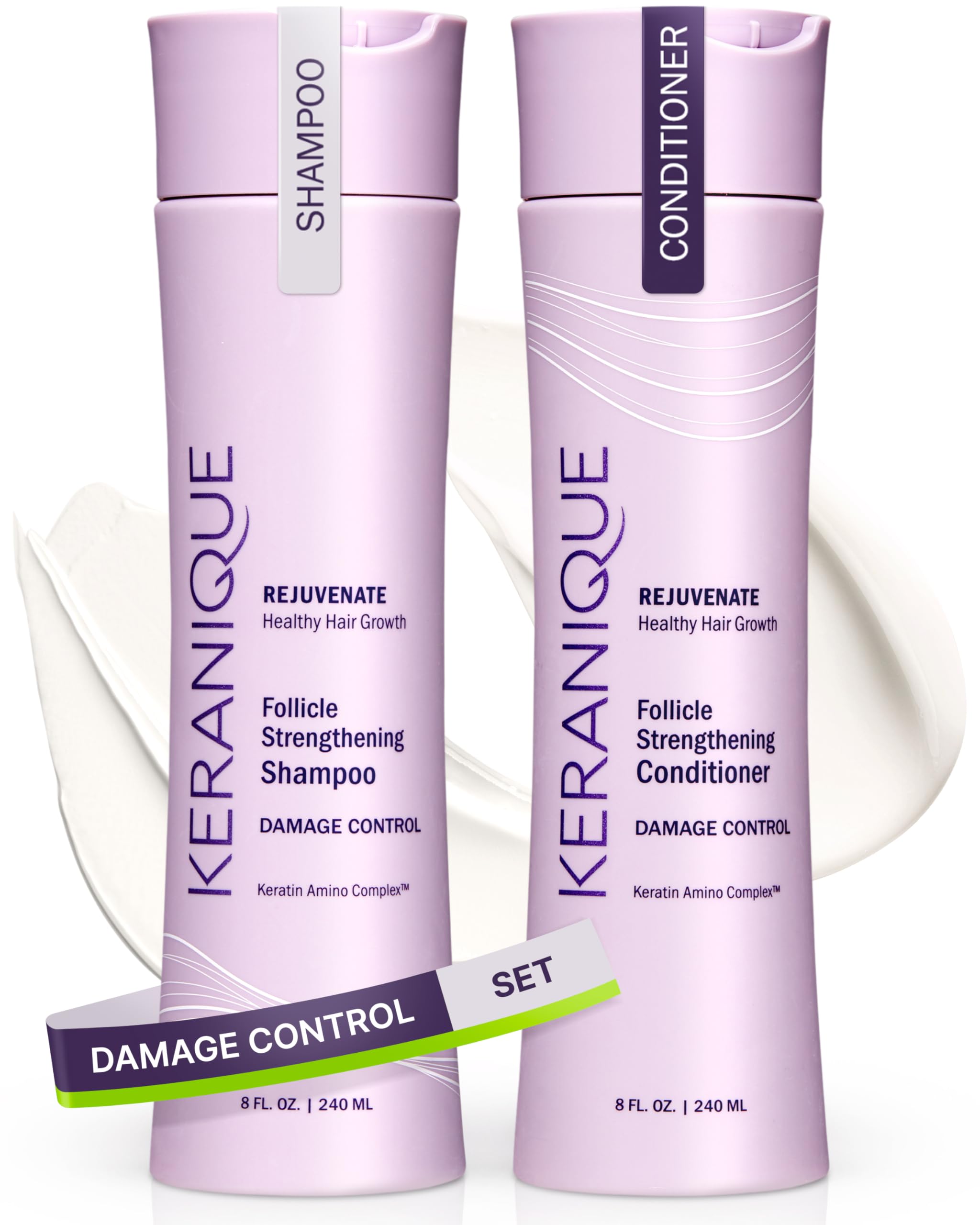 Keranique Shampoo and Conditioner for Damaged Hair - Anti-Breakage, Damage Control Set for Thinning Hair - Intense Repair, Deep 
