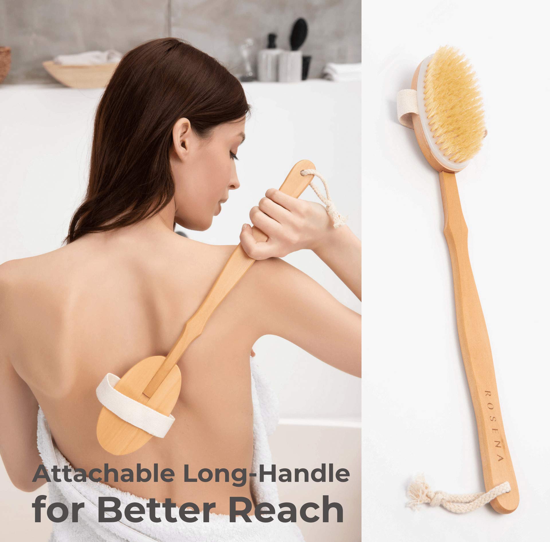 ROSENA Dry Brushing Body Brush Set, Natural Bristle Exfoliator Kit, 3 Piece Set for Smooth Skin and Lymphatic Drainage