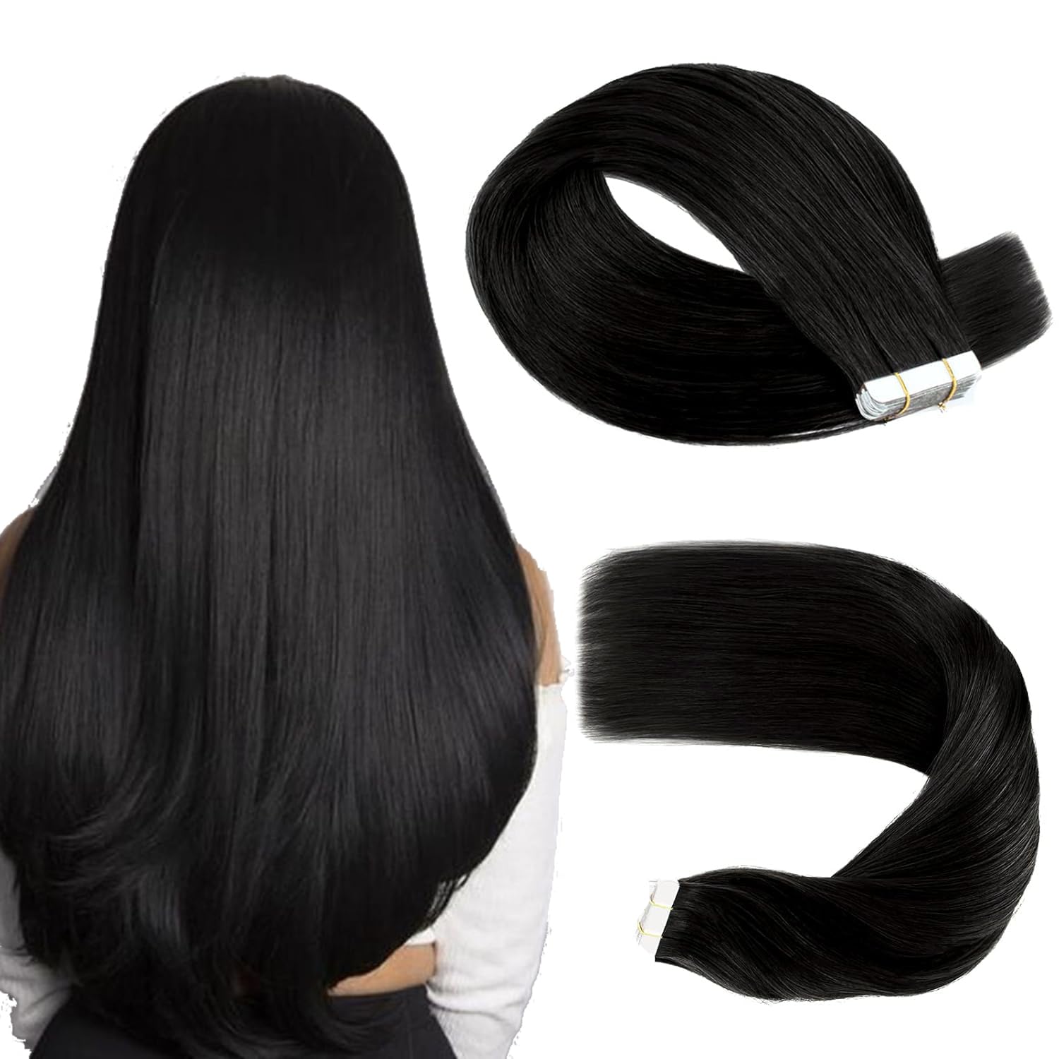 Sassina 20 Inch Remy Tape In Human Hair Extensions 50 Gram Invisible Seamless Skin Natural Tape In Human Hair 20 Pcs Jet Black H