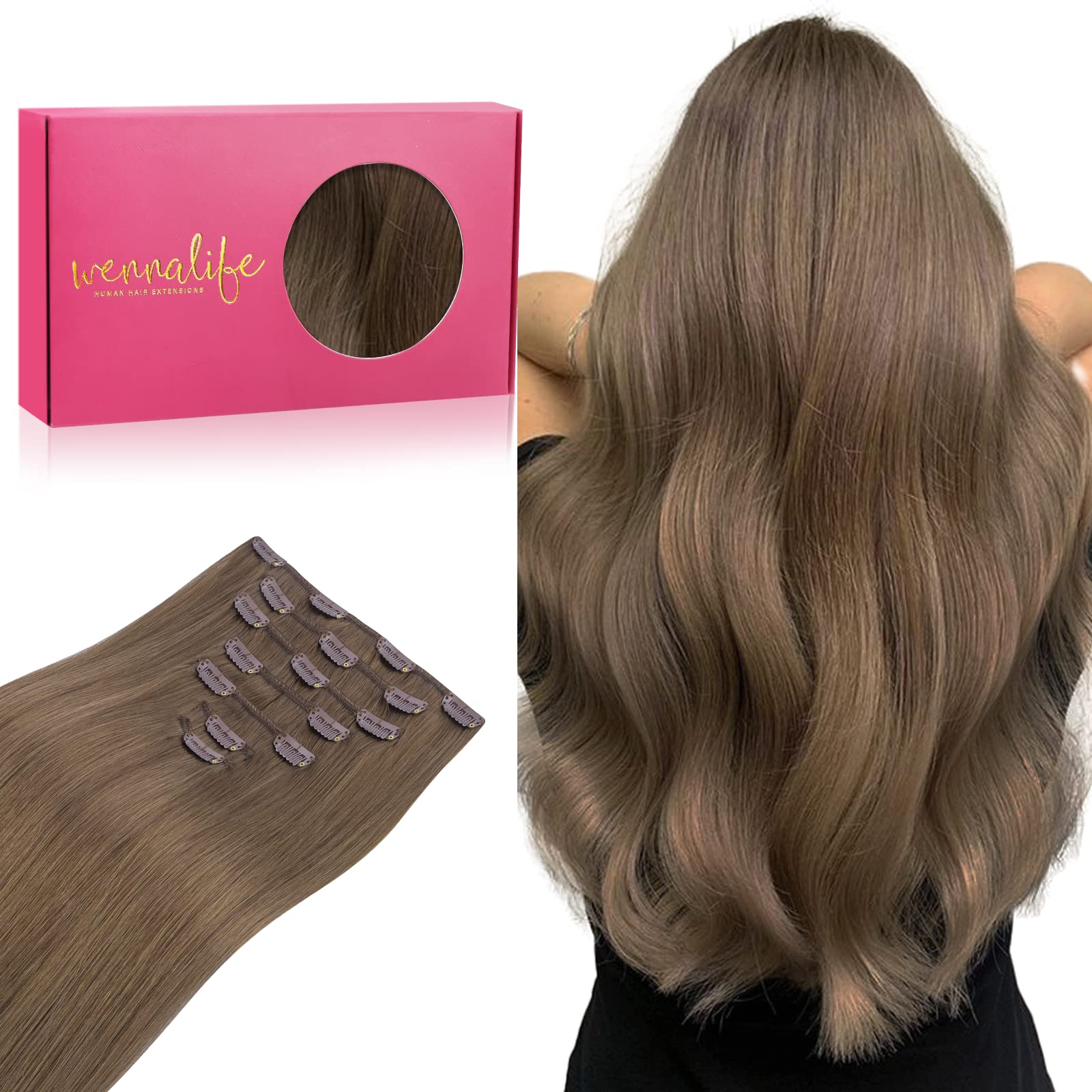 WENNALIFE Clip in Hair Extensions Real Human Hair, 18 Inch 120g 7pcs Human Hair Extensions Clip In Human Hair, Light Ash Brown H