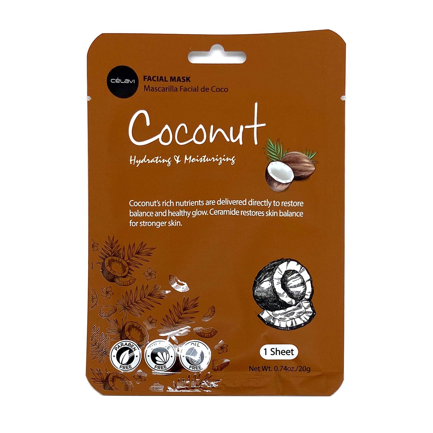 Celavi Facial Mask Set Korean Essence Sheet Masks (12-Pcs, Coconut)