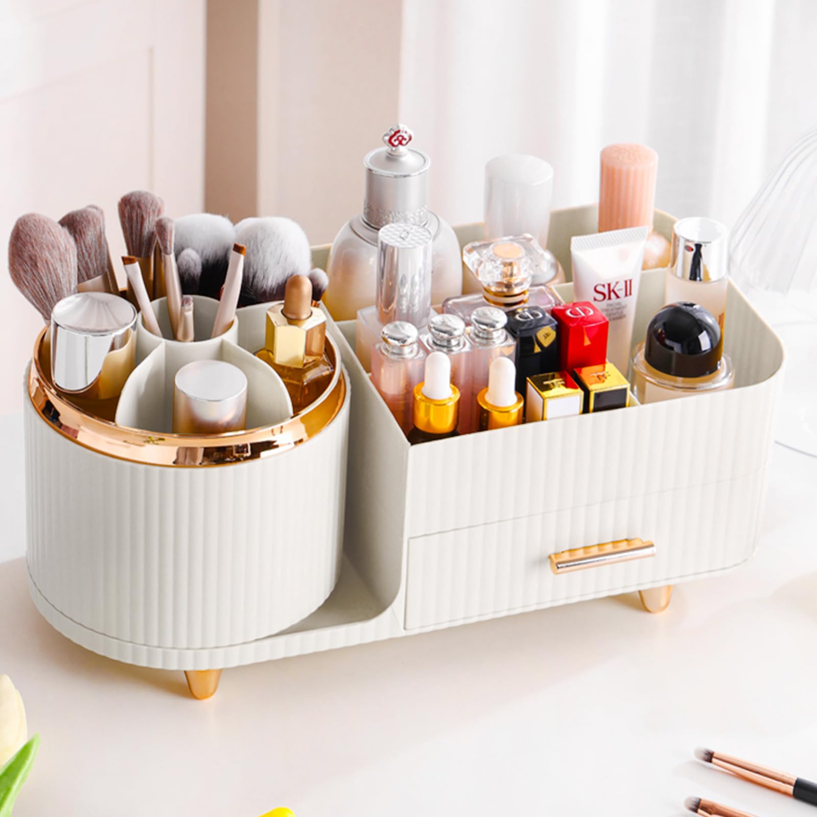 Rotating Makeup Organizer for Vanity with Brush Holder and Drawer, Cosmetic Makeup Storage, Large Spinning Makeup Skincare Organ