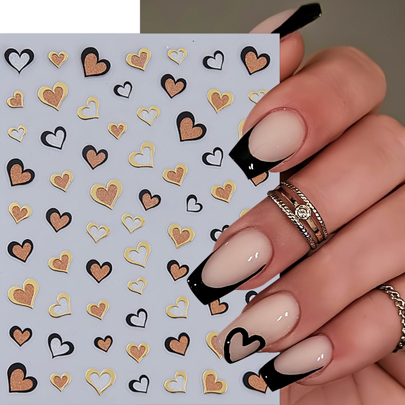 6Pcs Heart Nail Art Stickers 3D Self Adhesive Heart Love Nail Decals Pink Black Brown Gold Cute Hollow Out Heart Nail Design Nai