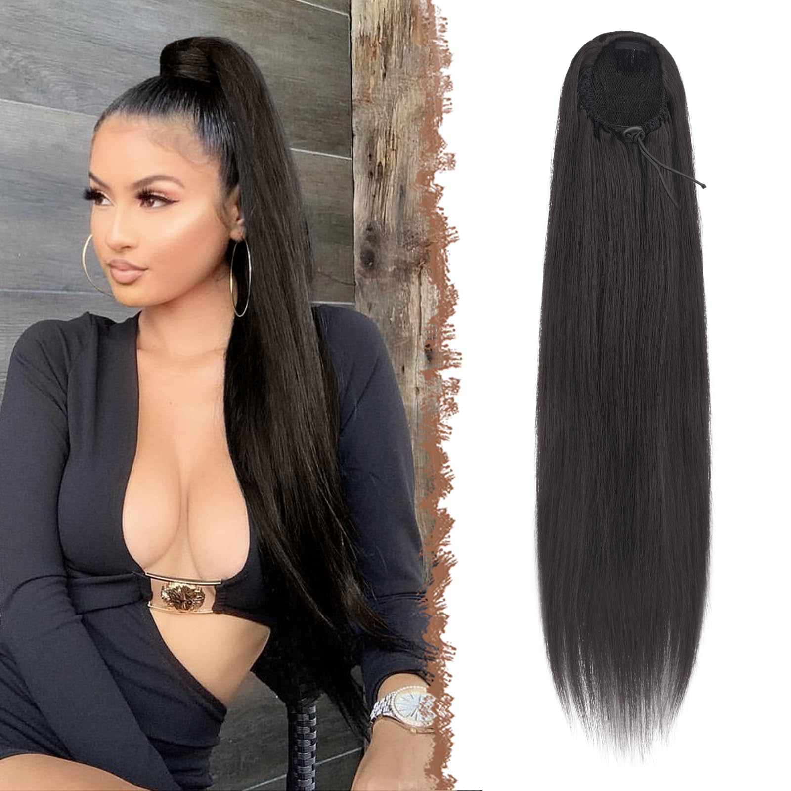 FESHFEN Drawstring Ponytails Extension Long Straight Pony Tails Natural Synthetic Hair Piece Clip in Ponytail Hairpieces for Wom