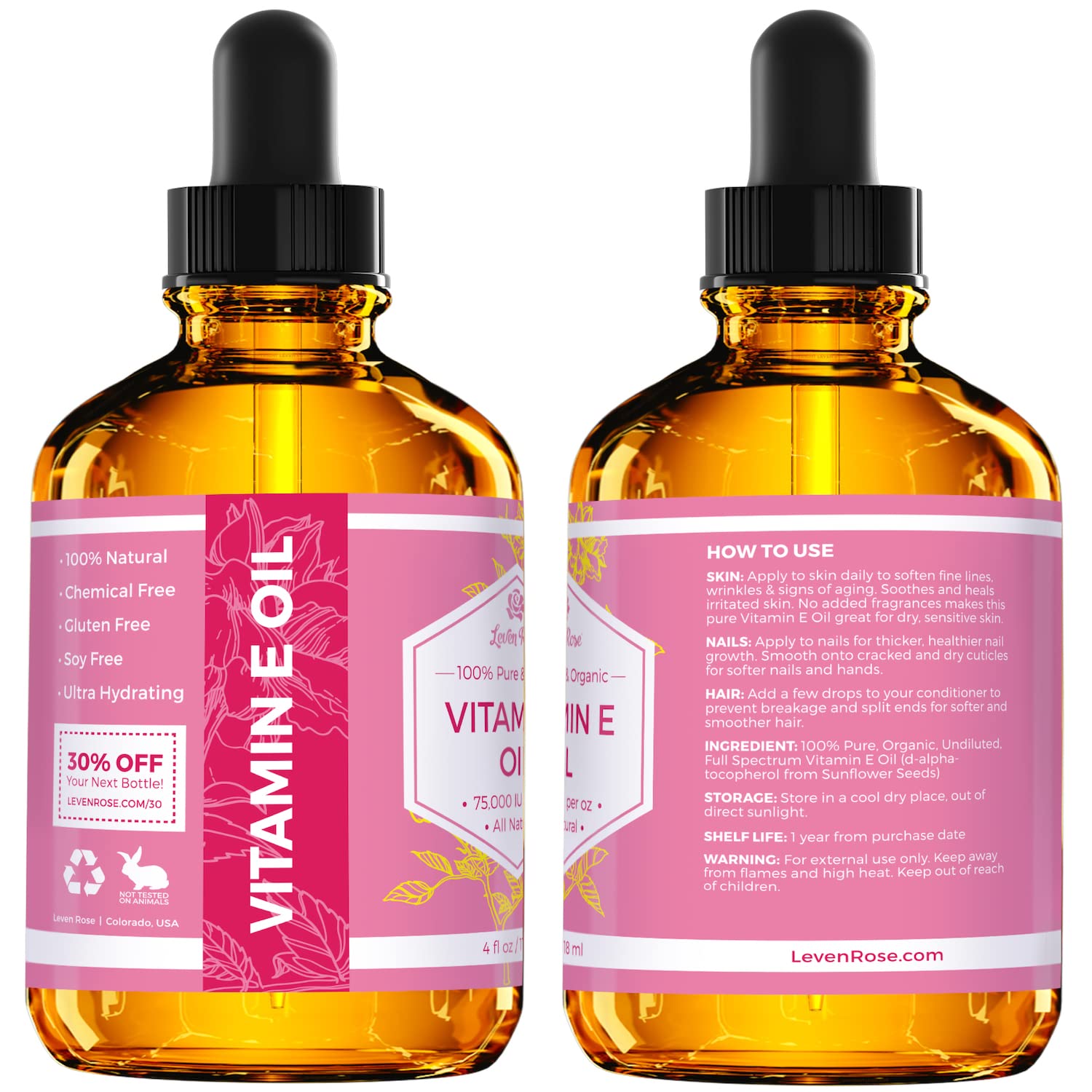 Leven Rose Pure Vitamin E Oil 75,000 Iu Per Oz 100% Natural, Organic For Skin, Face, Hair, Nails, And Scars, 4 Oz