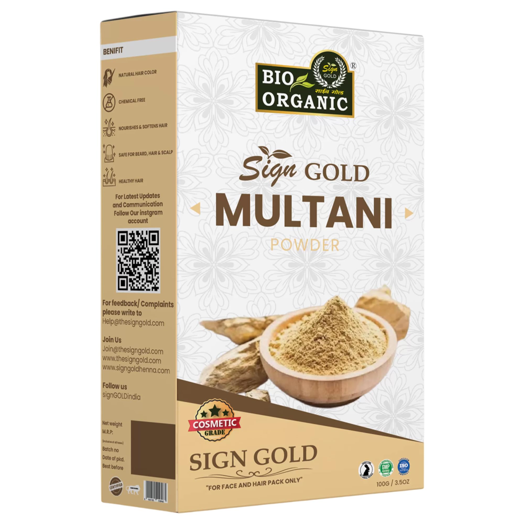 sign GOLD BIO ORGANIC Fullers Earth Powder| Fullers Earth Powder | Multani Mitti | Bentonite Clay Powder for Face Pack | No Fra