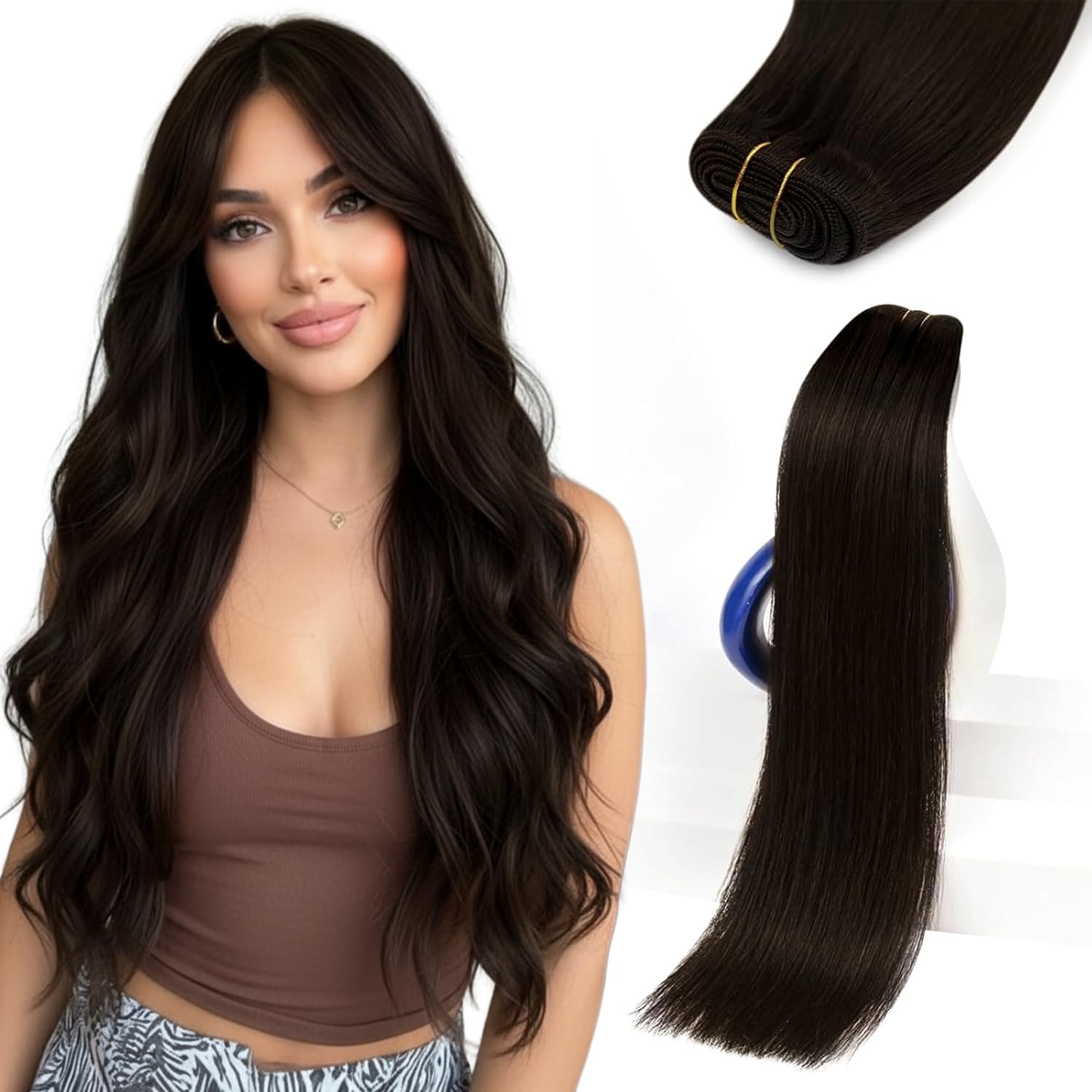 Sunny Hair Weft Hair Extensions Human Hair Darkest Brown 18 Inch 120g