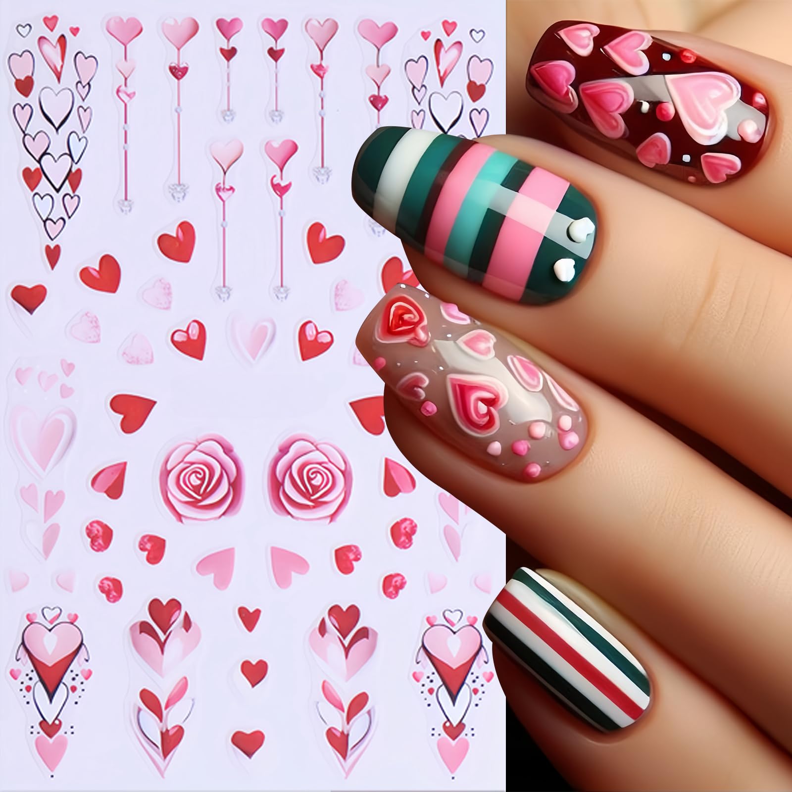 8 Sheets Valentines Day Nail Stickers 3D Self-Adhesive Red Rose Love Angel Nail Decals Small Car Envelope Rose Love Heart Nail D