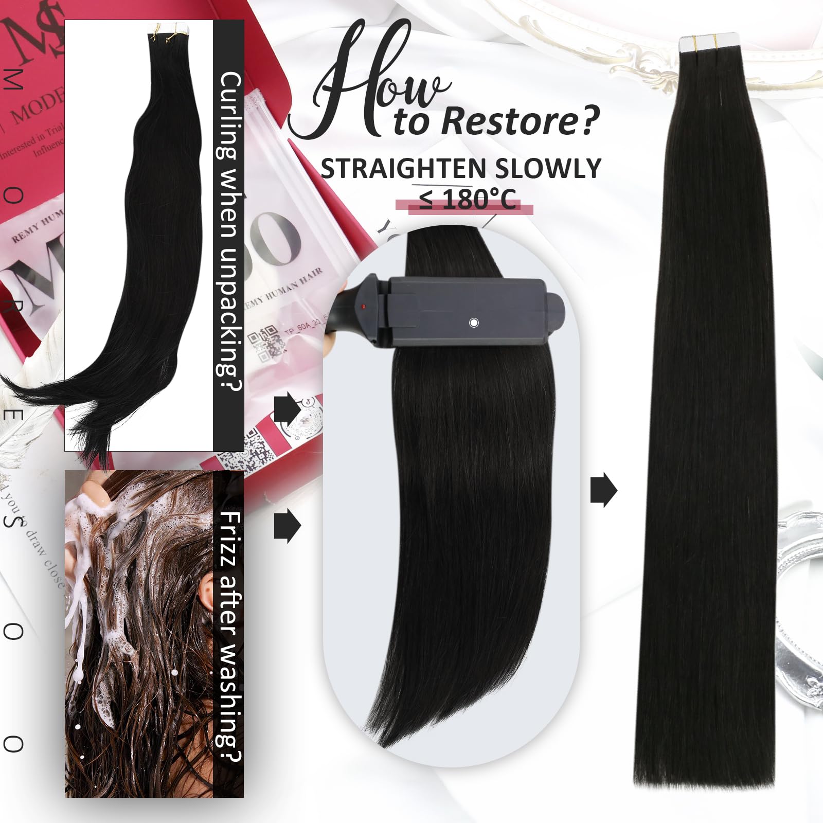 Moresoo Tape In Black Hair Extensions Glue On Straight Human Hair 14 Inch Remy Tape In Hair Extensions 20Pcs 1B Off Black Soft T