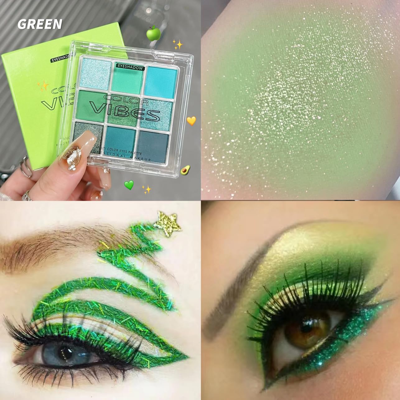 Yeweian Green Eyeshadow Palette, 9 Colors Green Glitter Matte Eyeshadow Makeup Palette, Bright Neon Green Eye Shadow, Highly Pig