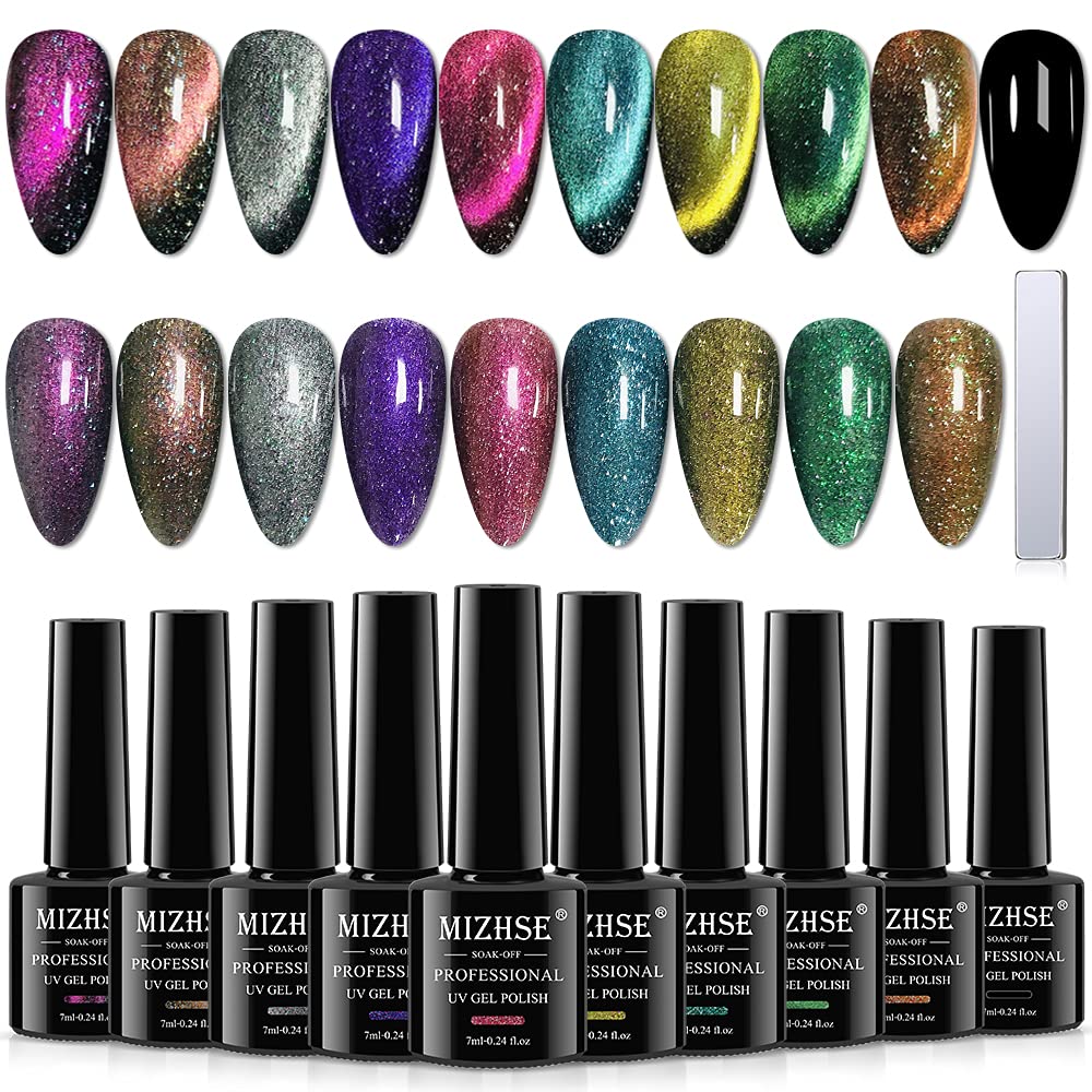 Mizhse Cat Eye Gel Nail Polish 10 Colors, Magnetic Gel Polish Set With Magnet Stick Black Gel, Holographic Shimmer Galaxy Effect
