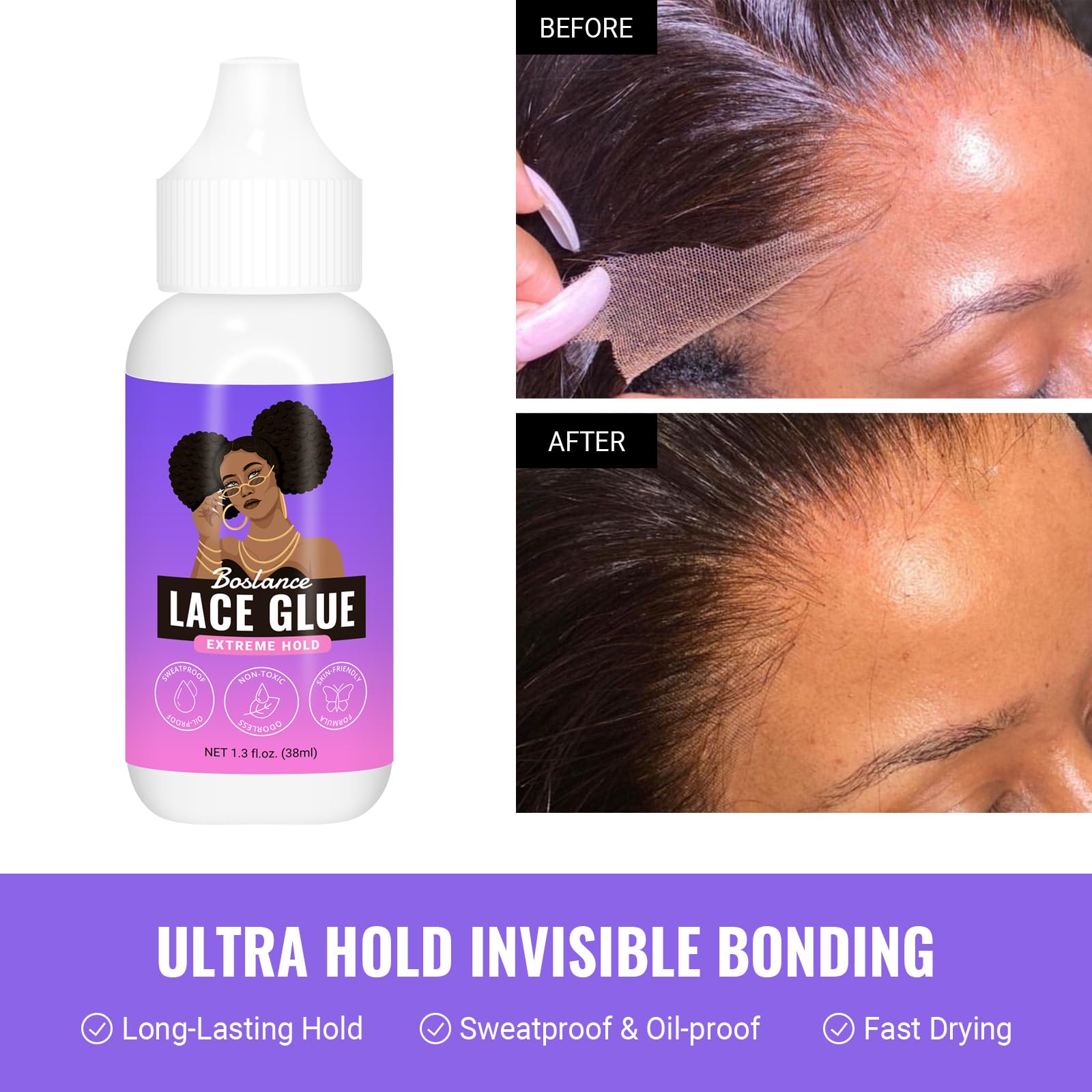 Boslance Lace Glue For Wigs, Wig Glue For Front Lace Wig Waterproof Super Hold Hair Glue For Weave, Invisible Hair Bonding Glue