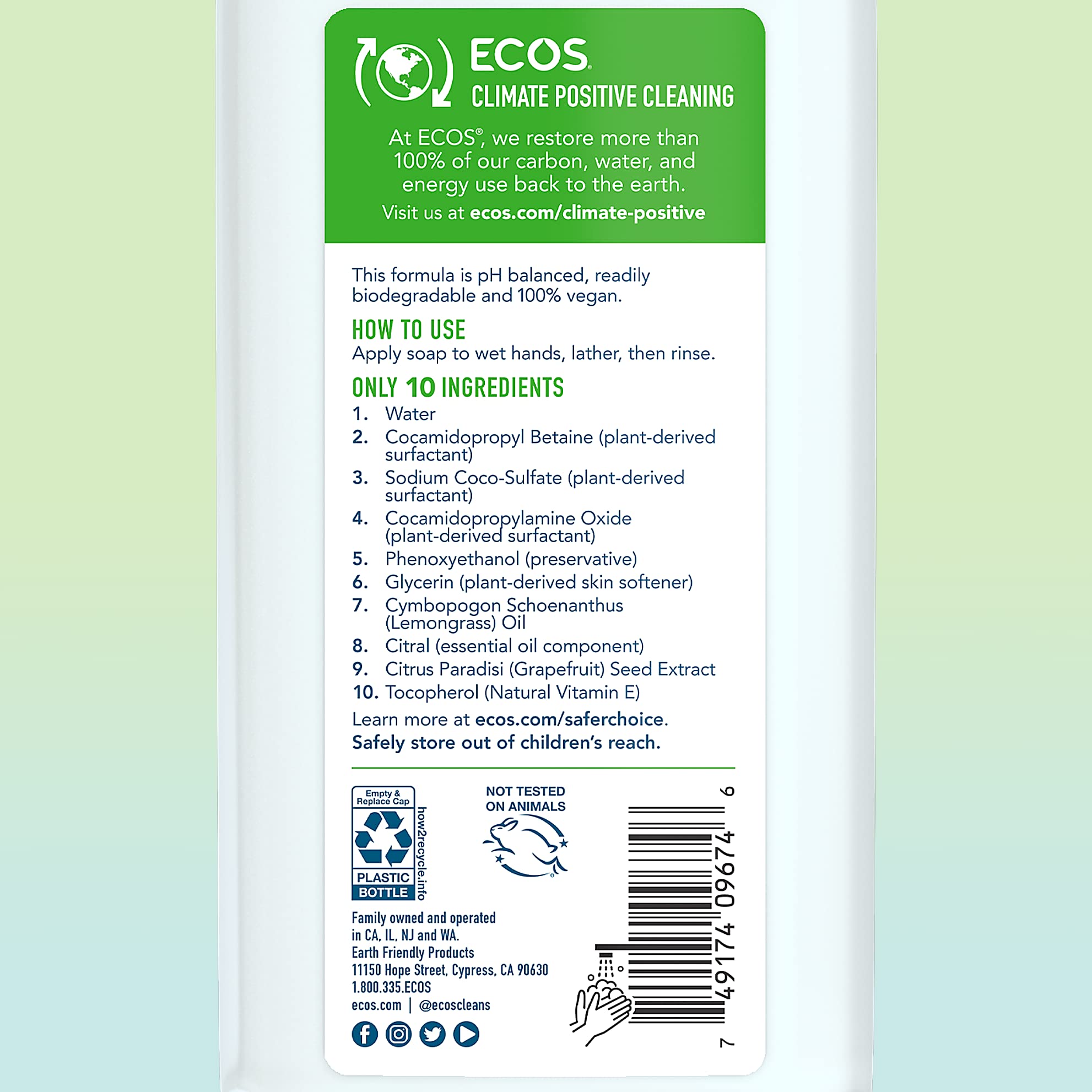 ECOS Hand Soap, Hypoallergenic Lemongrass, 17oz Bottle (6 pack) by Earth Friendly Products