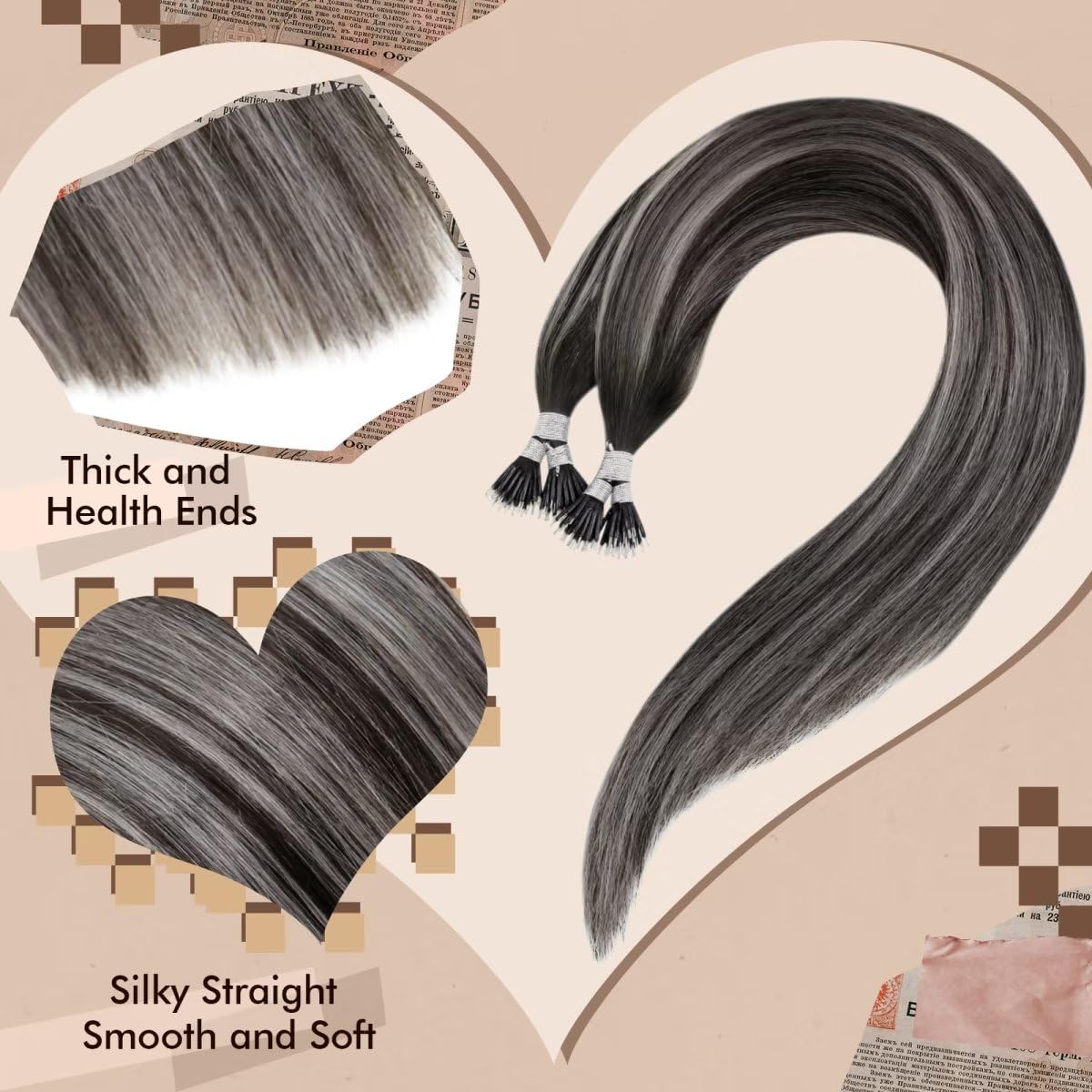 Hetto Nano Bead Hair Extensions Human Hair Nano Ring Hair Extensions Silver Balayage Black Nano Hair Extensions Real Human Hair