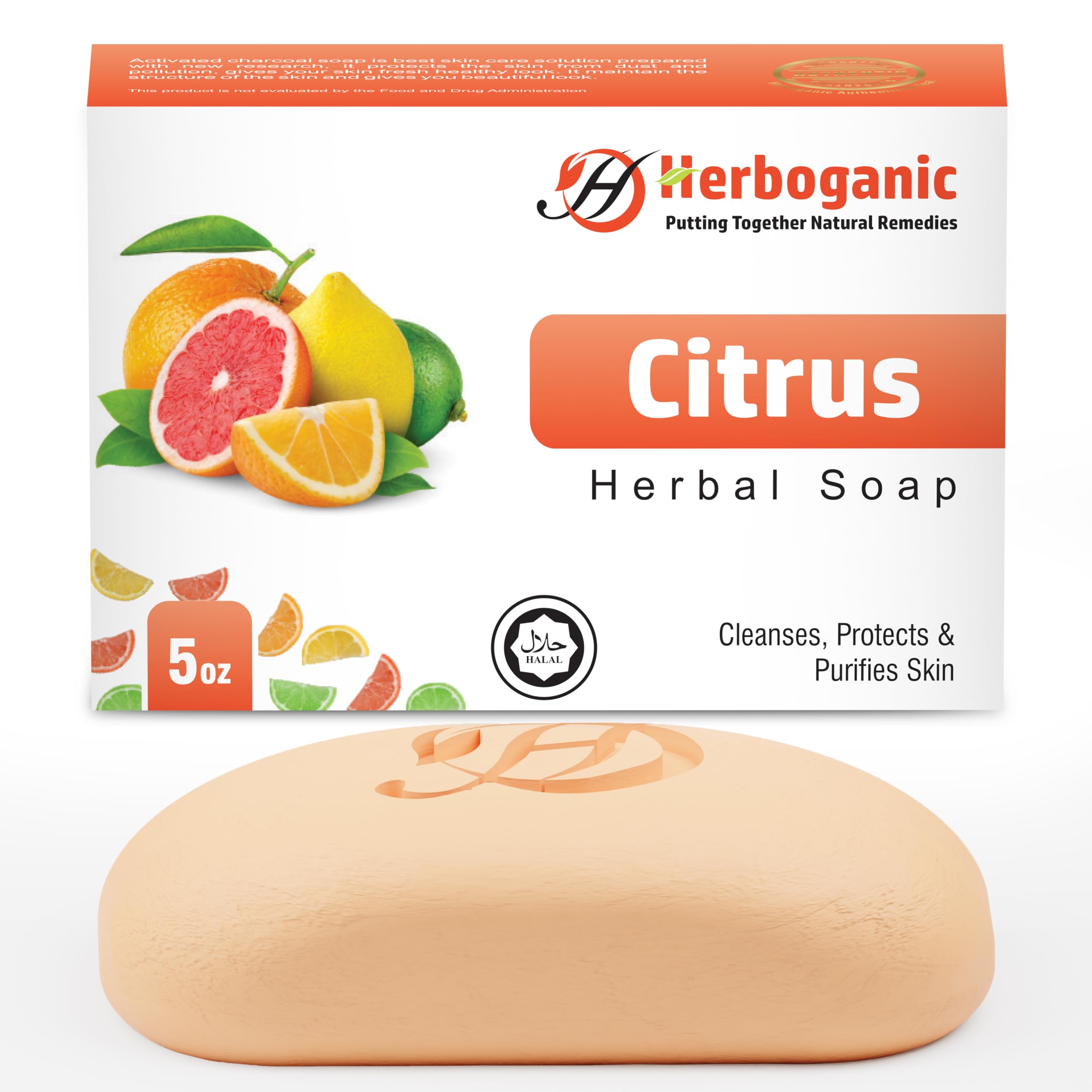 HERBOGANIC Citrus Herbal Soap | Natural Bar Soap for Face and Body | Energizing and Refreshing | Infused with Citrus | Gentle fo