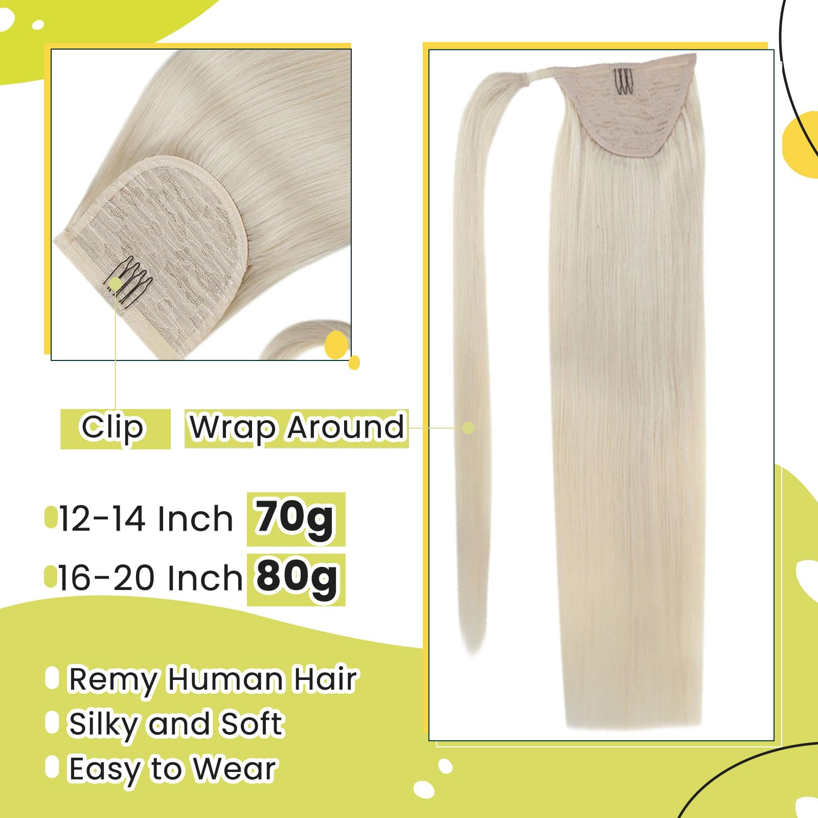 Runature Blonde Ponytail Hair Extensions Human Hair 18 Inch 80G Long Ponytail Human Hair Extensions Ice Blonde Natural Wrap Arou