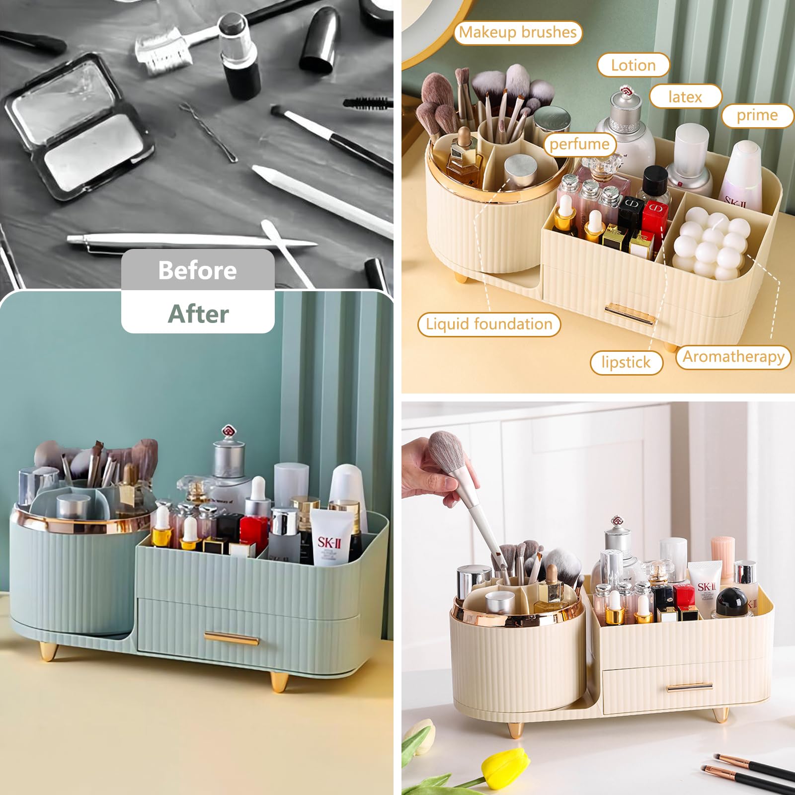 DASITON 360 Rotating Makeup Organizer with Drawers-Large Capacity Cosmetic Display Case for Skincare,Brushes,Eyeshadow&Lipstick(