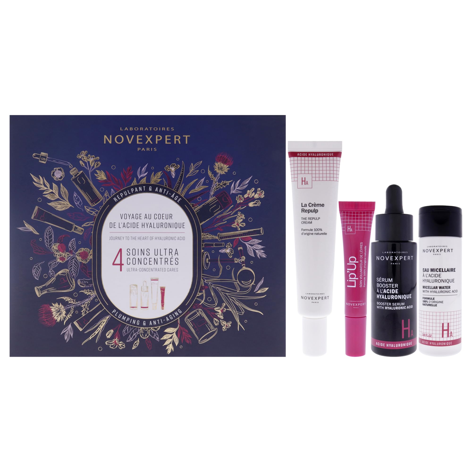 Plumping And Anti-Aging Set By Novexpert For Women - 4 Pc 1.6Oz Micellar Water With Hyaluronic, 1Oz Hyaluronic Acid Booster Seru