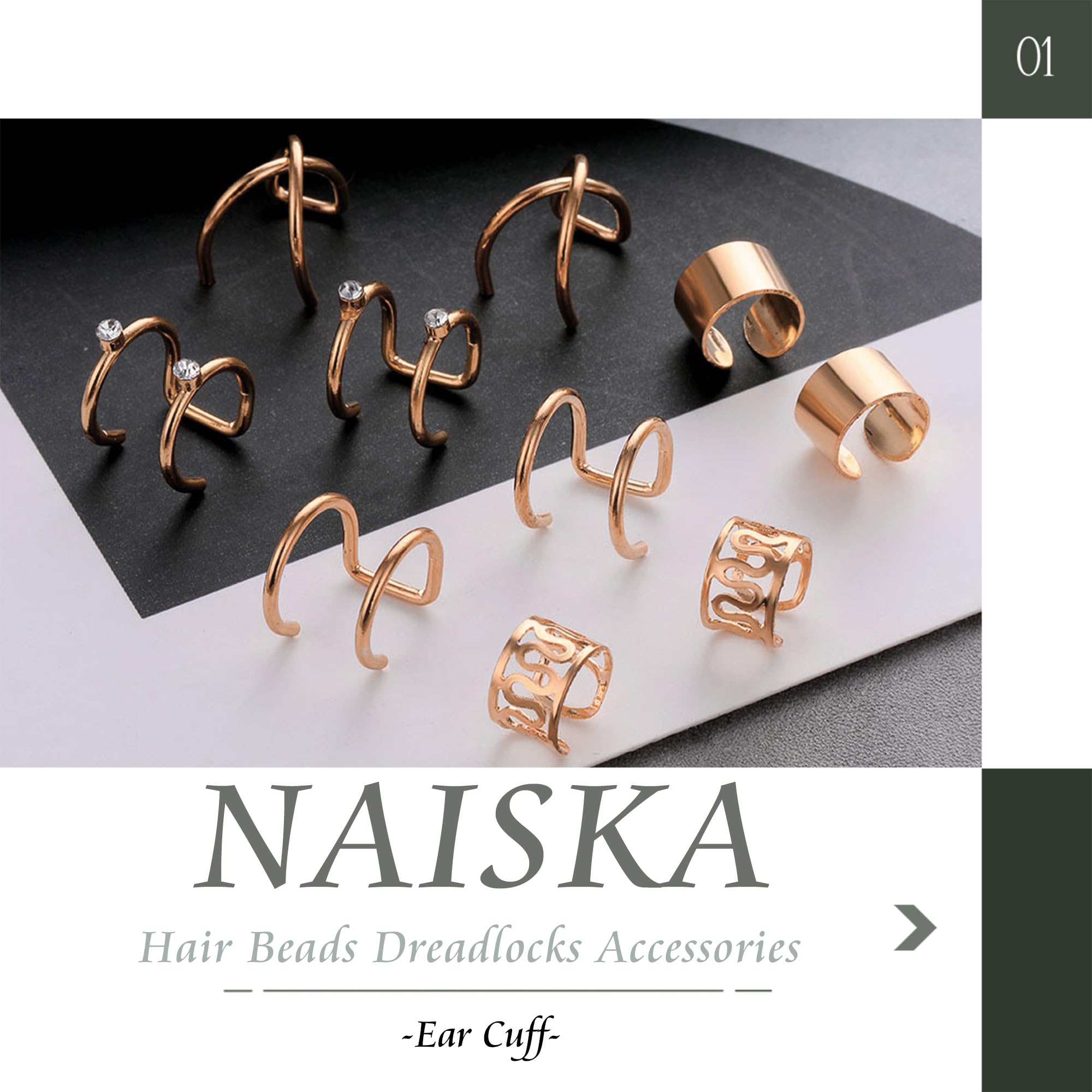Naiska 24Pcs Gold Hair Jewelry For Braids With Crystal Rhinestone Loc Dreadlock Beads Accessories Earring Non-Piercing Ear Cuffs
