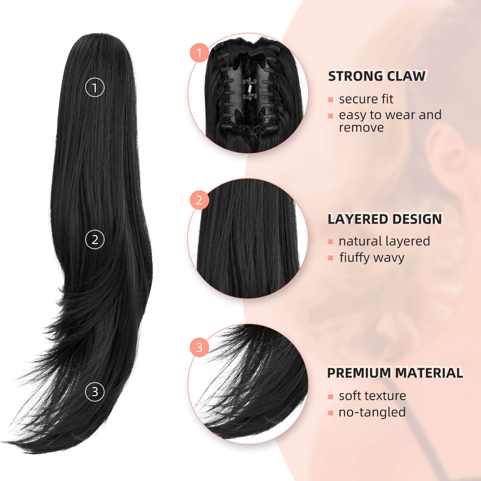Heweicsy Ponytail Extension,Hair Extension Ponytail 22'' Long Claw Hair Extension Synthetic Wavy Straight Hairpieces Ponytail Cl