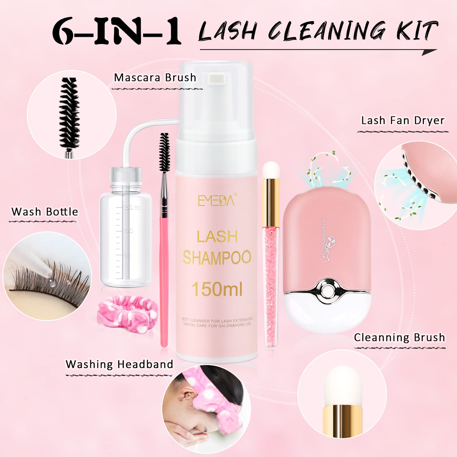 Emeda Lash Shampoo For Lash Extensions Lash Cleaning Kit 150Ml With Lash Fan Dryer Lash Extension Cleanser Oil Free Foam Soap La