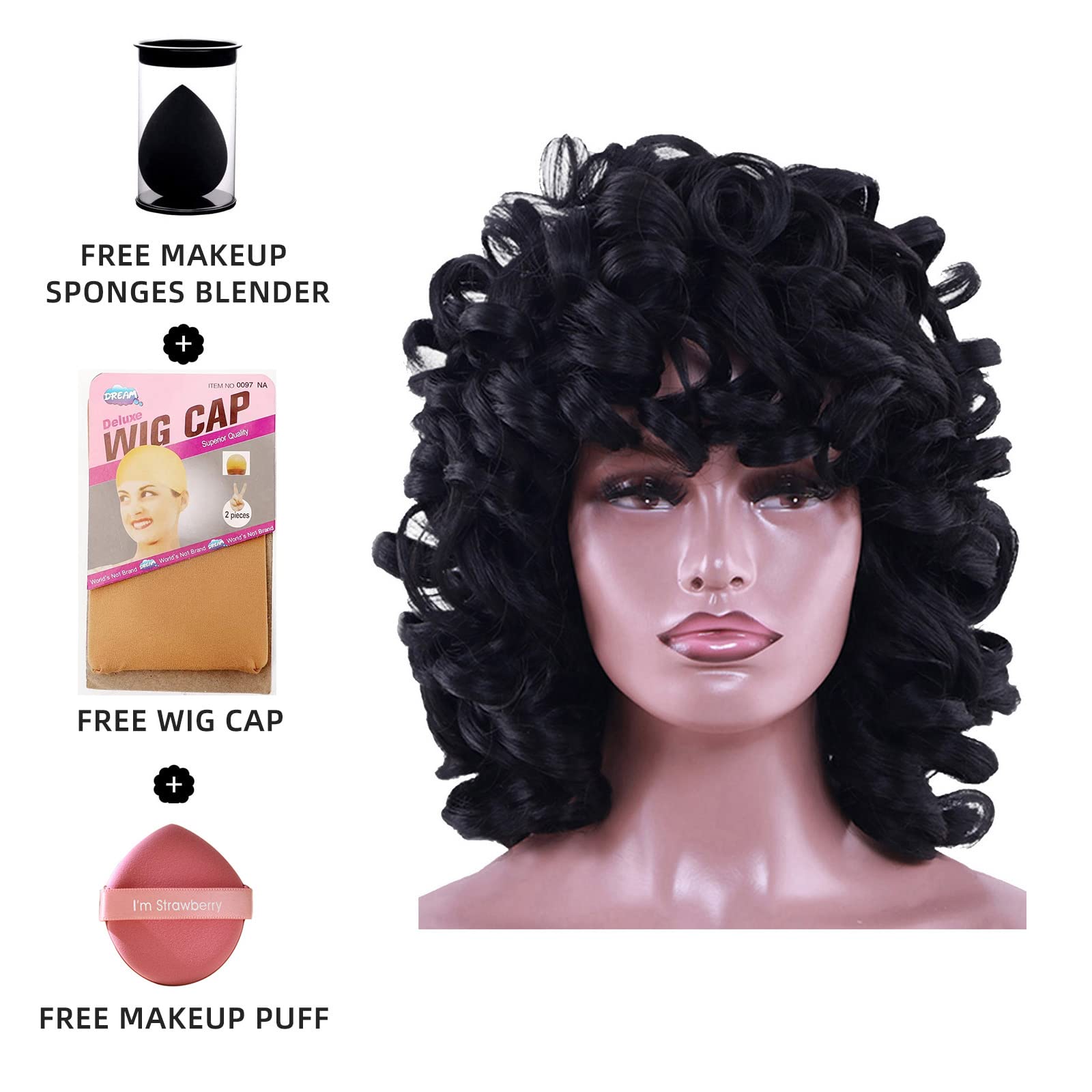 Kavsni Short Curly Wigs for Black Women Soft Black Big Curly Wig with Bangs Afro Kinky Curls Heat Resistant Natural Looking Synt