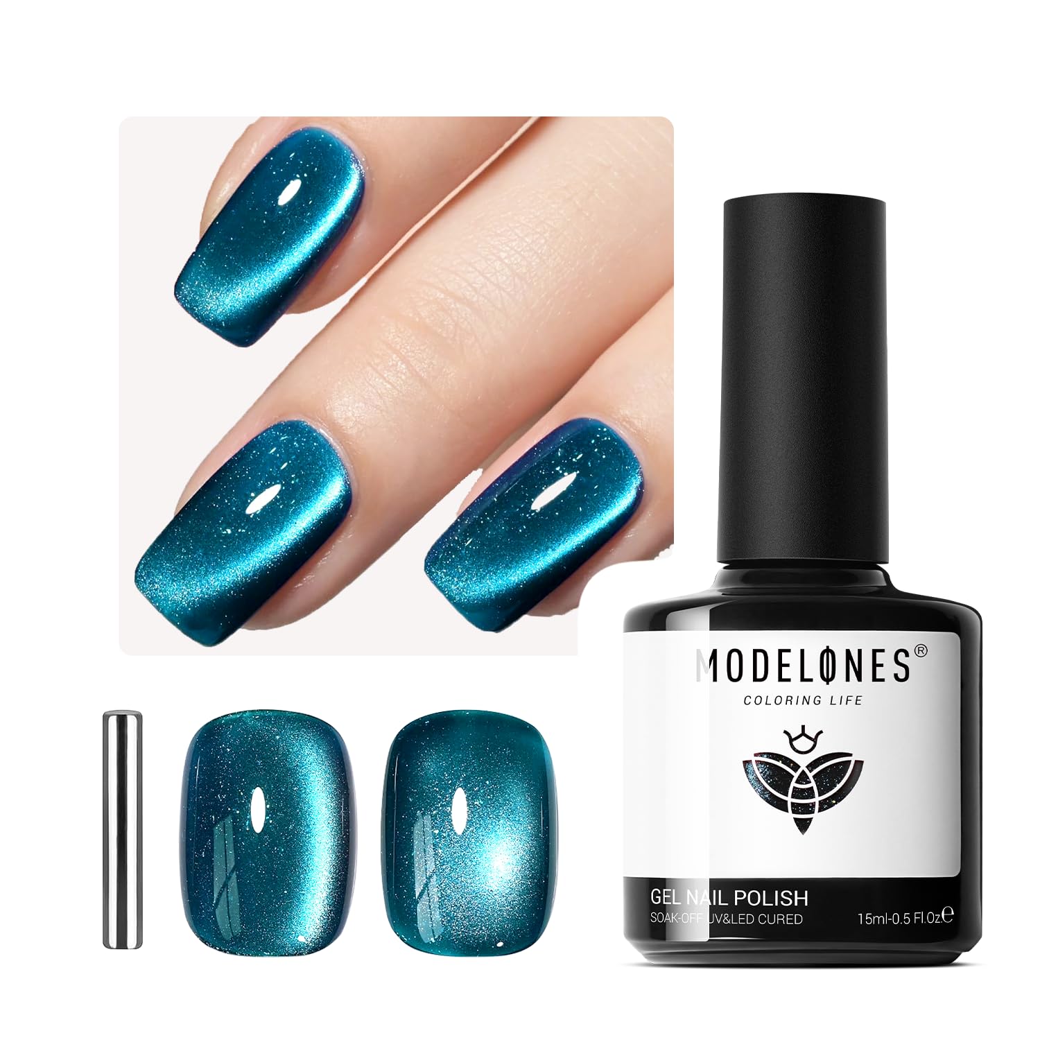 Modelones Cat Eye Gel Nail Polish, 15Ml Holographic 9D Glass Blue Cat Eye Glitter Multichrome Polish Peacock Blue Nail Polish Wi