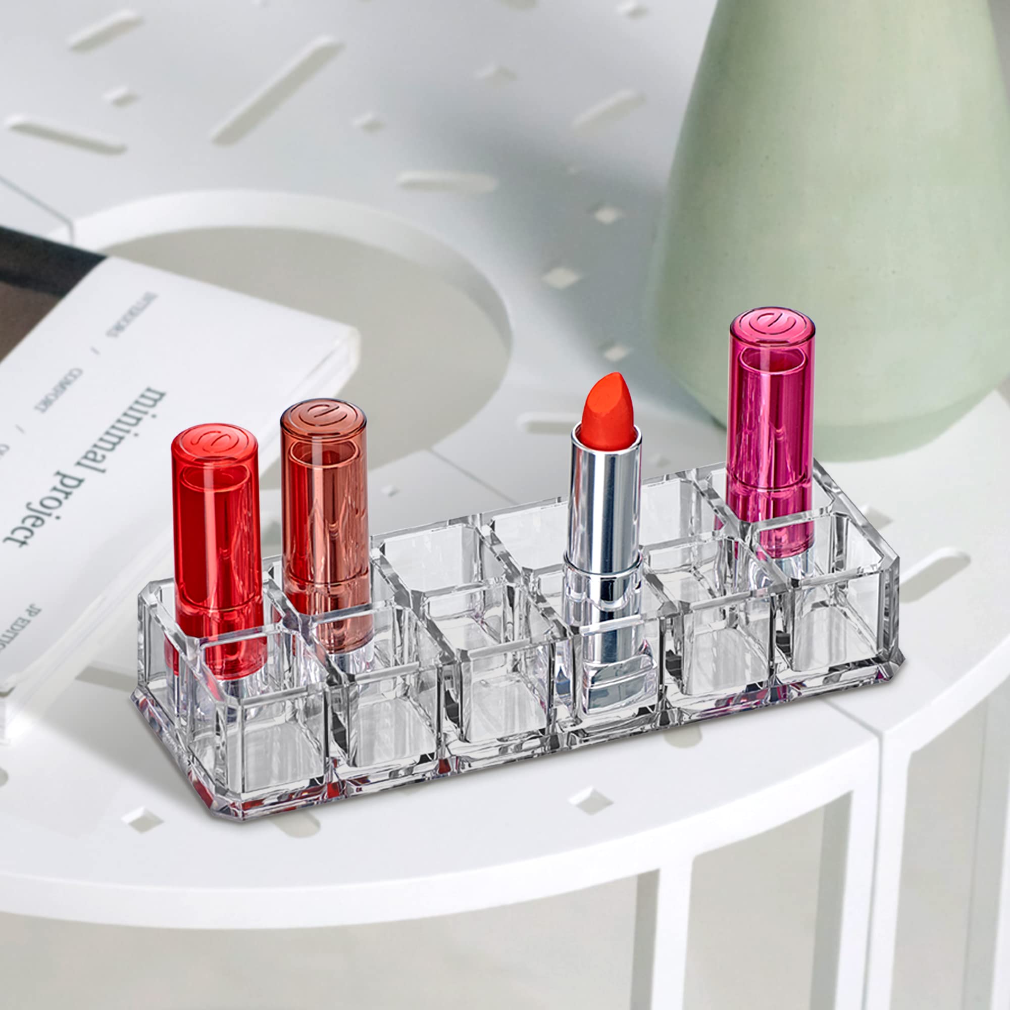 Amazing Abby - Charm - 12-Slot Acrylic Lipstick Organizer, Lipstick Holder, Lip Gloss Organizer, Cosmetic Storage Display, Perfe