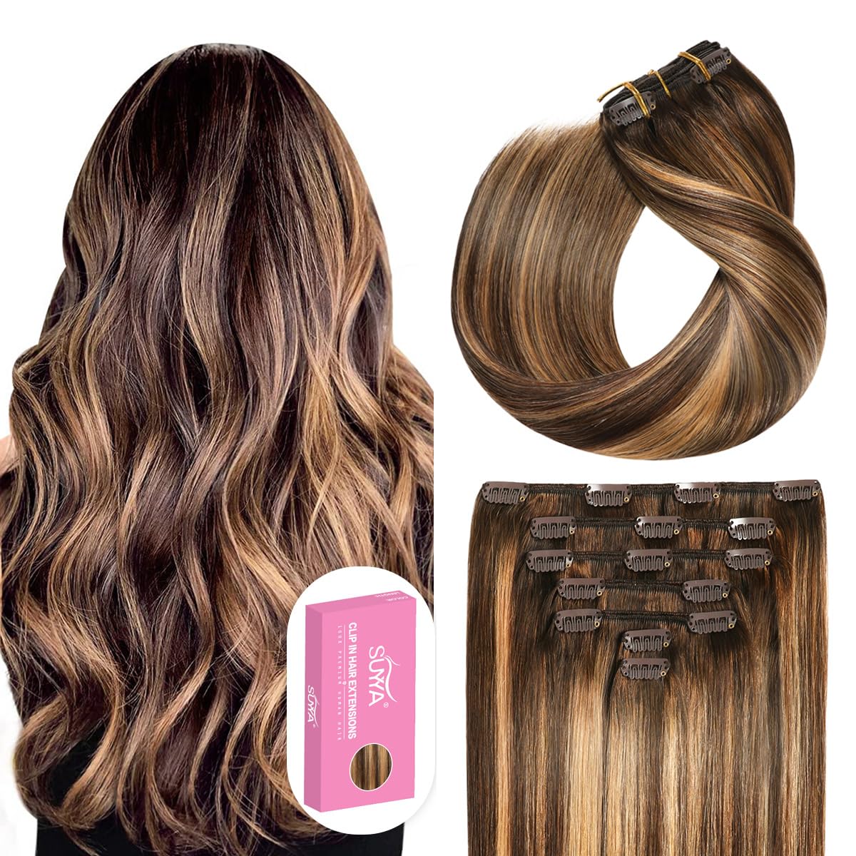 SUYYA Clip in Hair Extensions Real Human Hair 16 inch 120g 7pcs Hair Extensions Real Human Hair Clip ins Silky Straight Double W