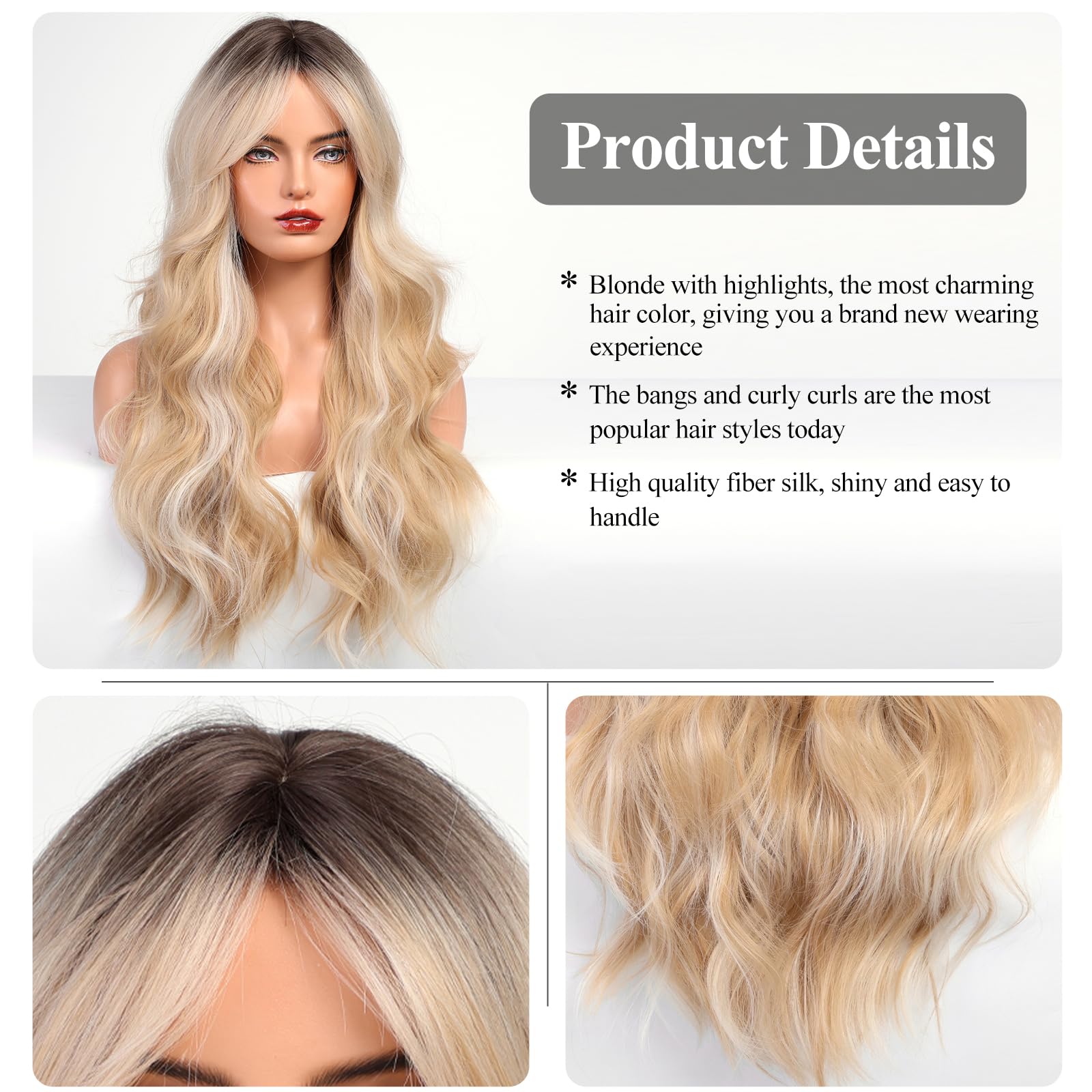 Haircube Blonde Long Curly Wig With Bangs Dark Root Highlight Natural Appearance Heat-Resistant Synthetic Wig Suitable For Fashi
