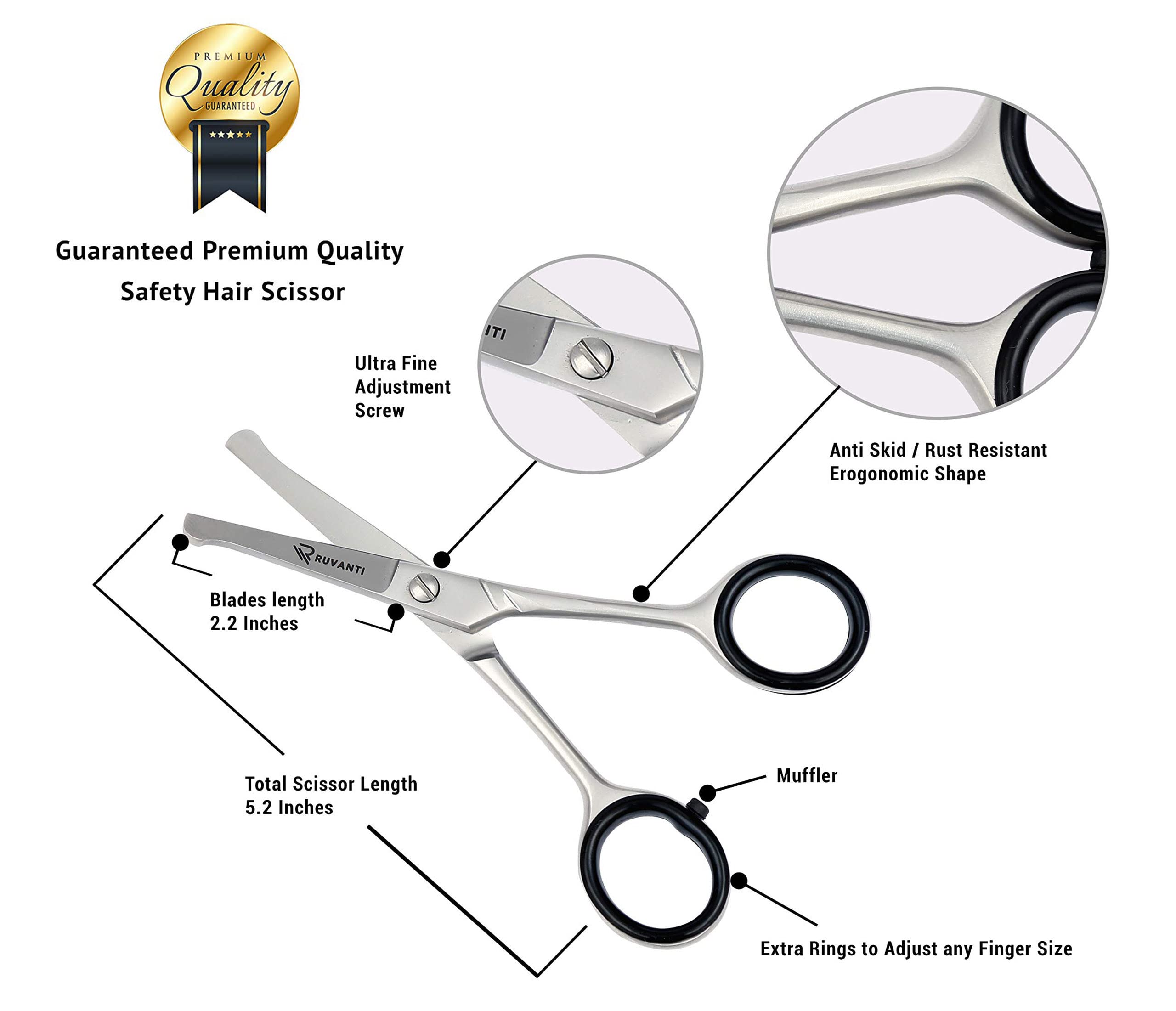 RUVANTI Stainless Steel Nose Hair Scissors for Kids - 5.2 Inch, Grey, Safe Round Headed Design for Facial Grooming and Trimming