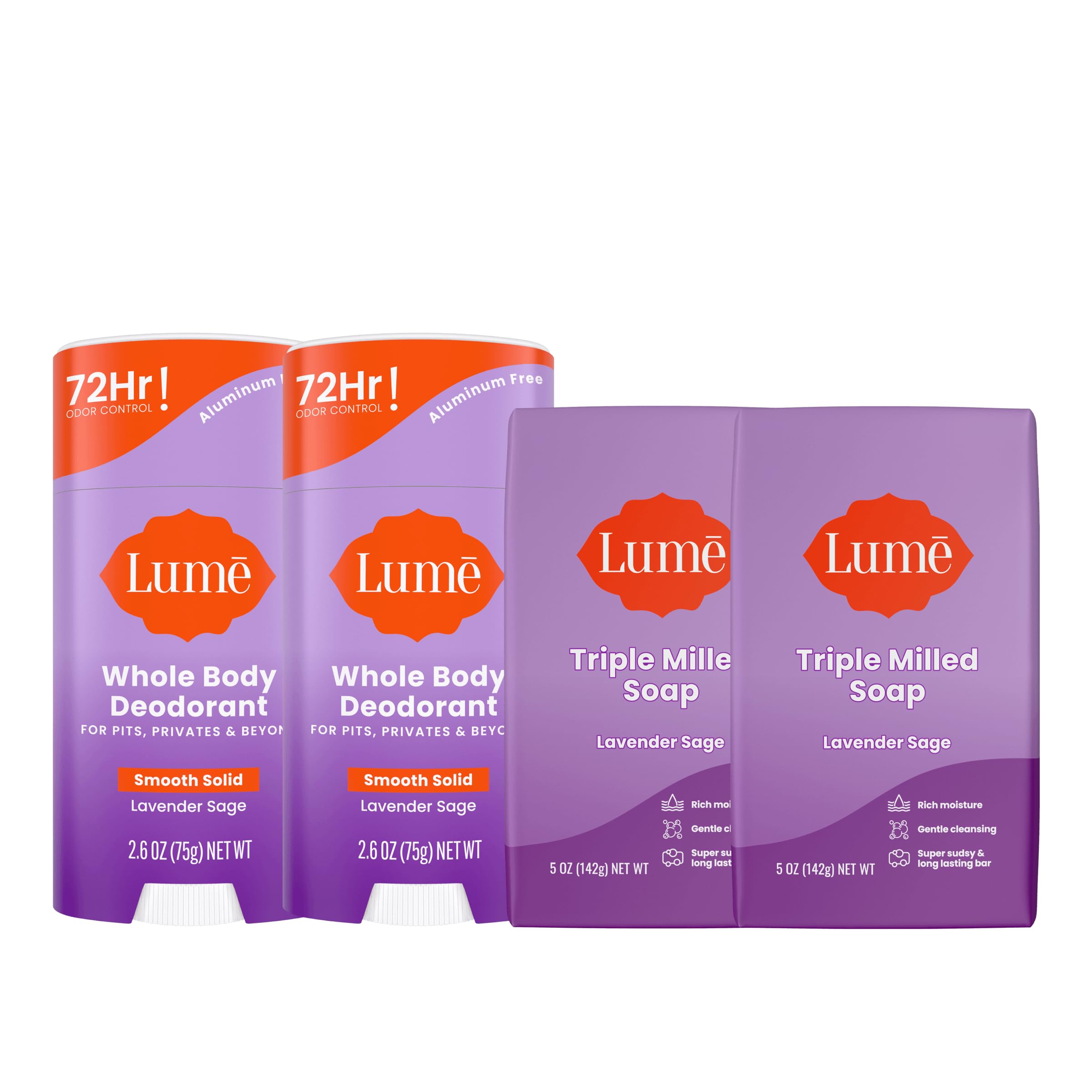 Lume Whole Body Deodorant And Soap - 2.6 Ounce Smooth Solid Stick With 72 Hour Odor Control (Pack of 2) and 5 Ounce Triple Mille
