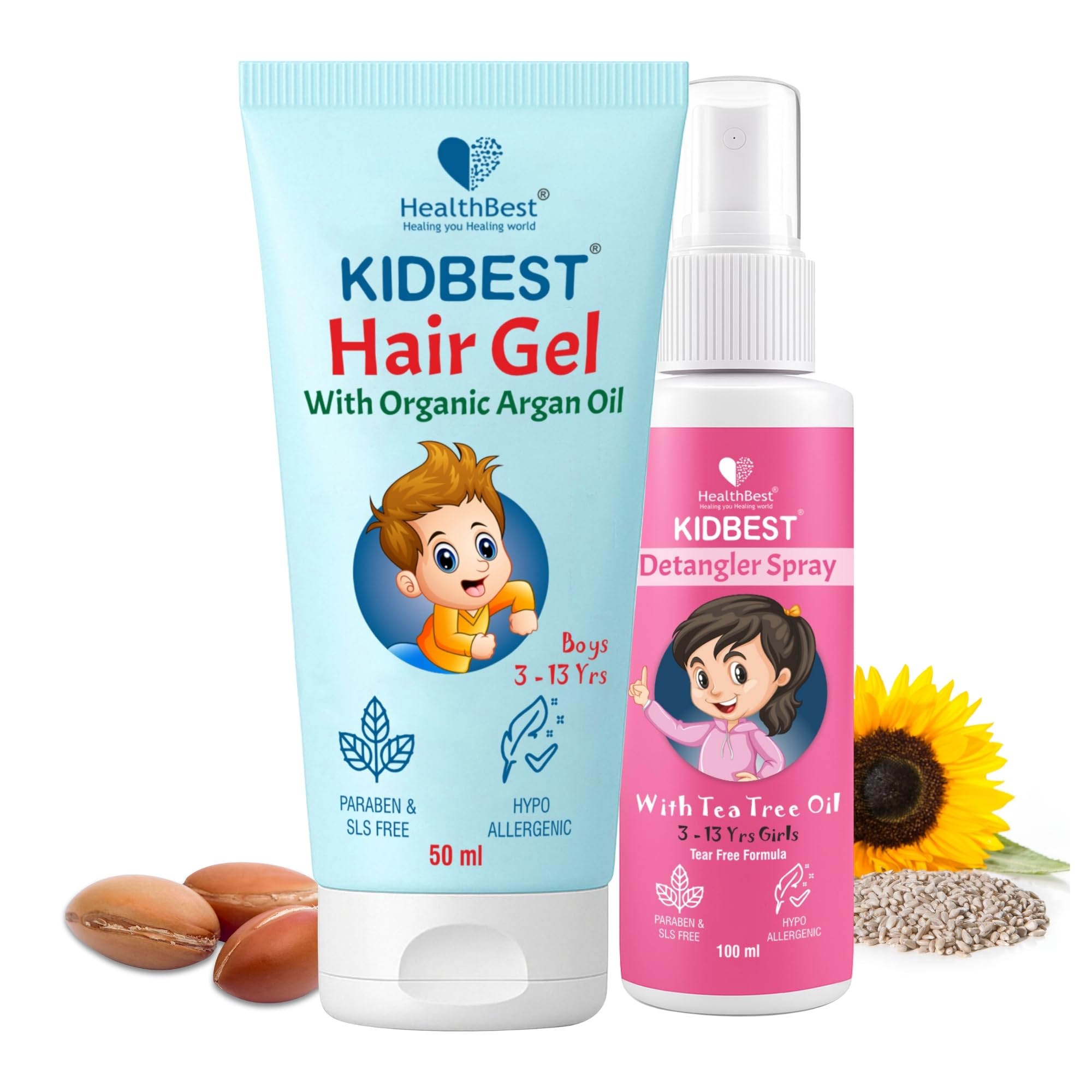 Healthbest Hair Gel 50Ml And Detangler Spray 100Ml For Kids Aged 3 To 13 Years Non-Sticky Tear-Free Gentle Formula For Tangle-Fr