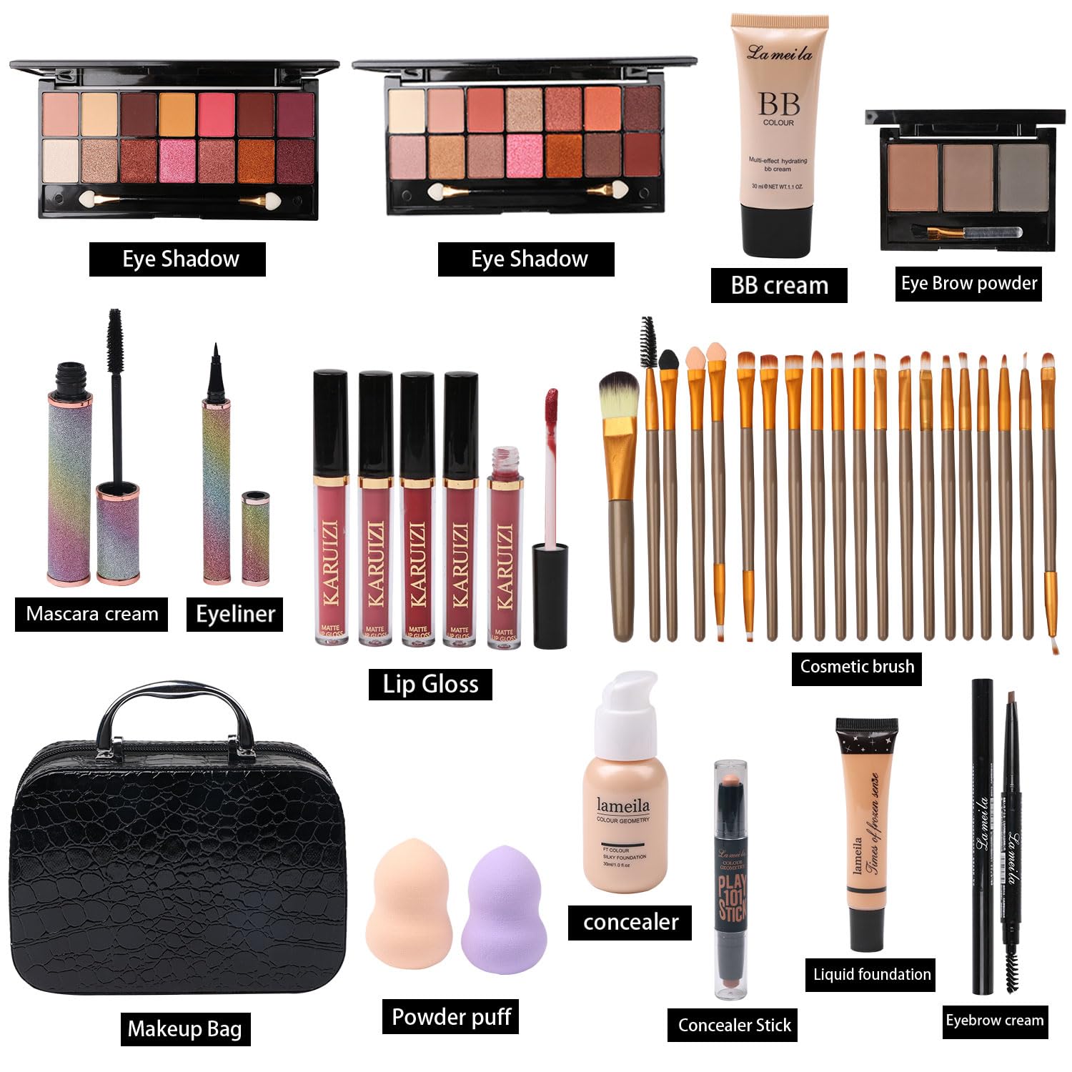 All In One Makeup Kit Full Kit Multipurpose Essential With Eyeshadow Palette,Lip Gloss,Foundation,Mascara,Eyebrow Pencil,Eyeline