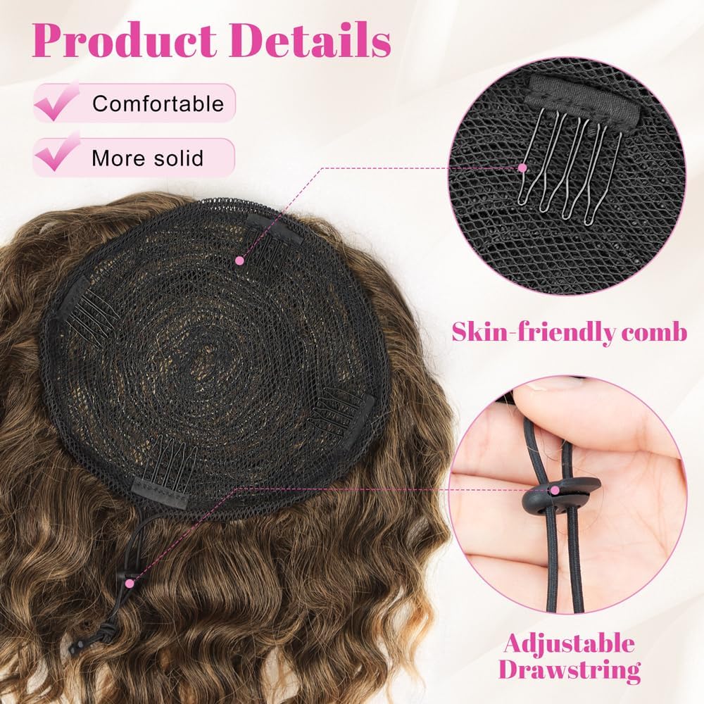 Alxnan Wavy Curly Ponytail Extension, 8'' Ombre Brown To Blonde Drawstring Ponytail For Black Women Short Soft Natural Synthetic