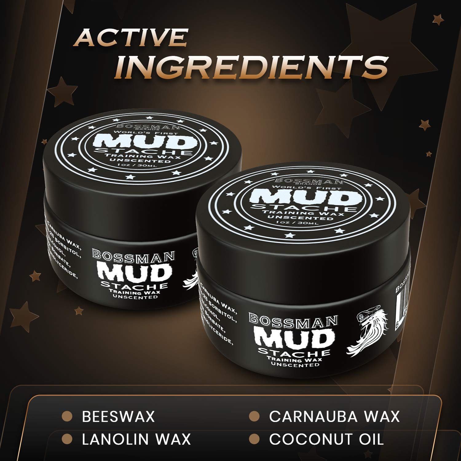 Bossman MUDstache Unscented Mustache Wax - 2 Pack - No Pull - Spreads Easy for a Strong Non-Tacky 24 hr Hold - Tame, Train and S