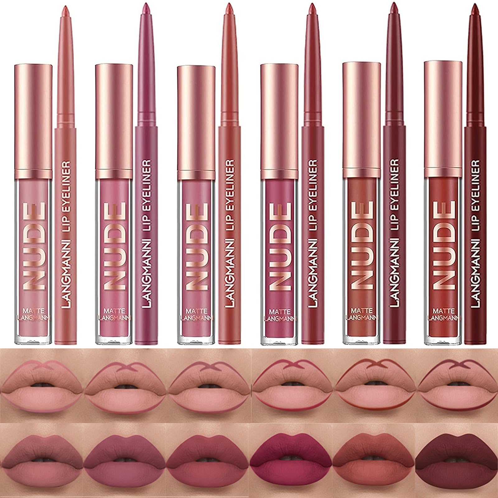Bonnie Choice 12Pcs Matte Liquid Lipstick + Lip Liner Pens Set, 6 Matte Lipstick With 6 Matching Smooth Lipliner Waterproof Long